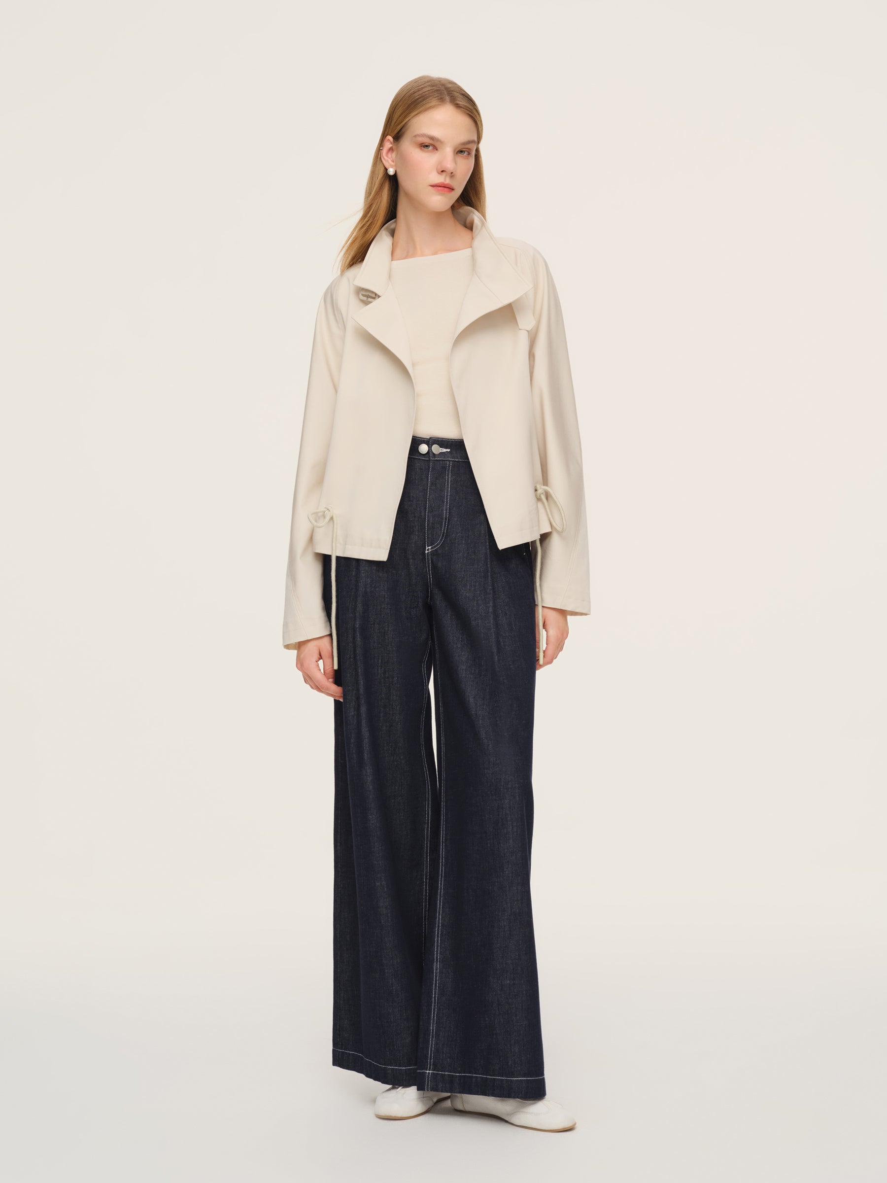 Tencel Blend Drawstring Hem Women Short Trench Coat GOELIA