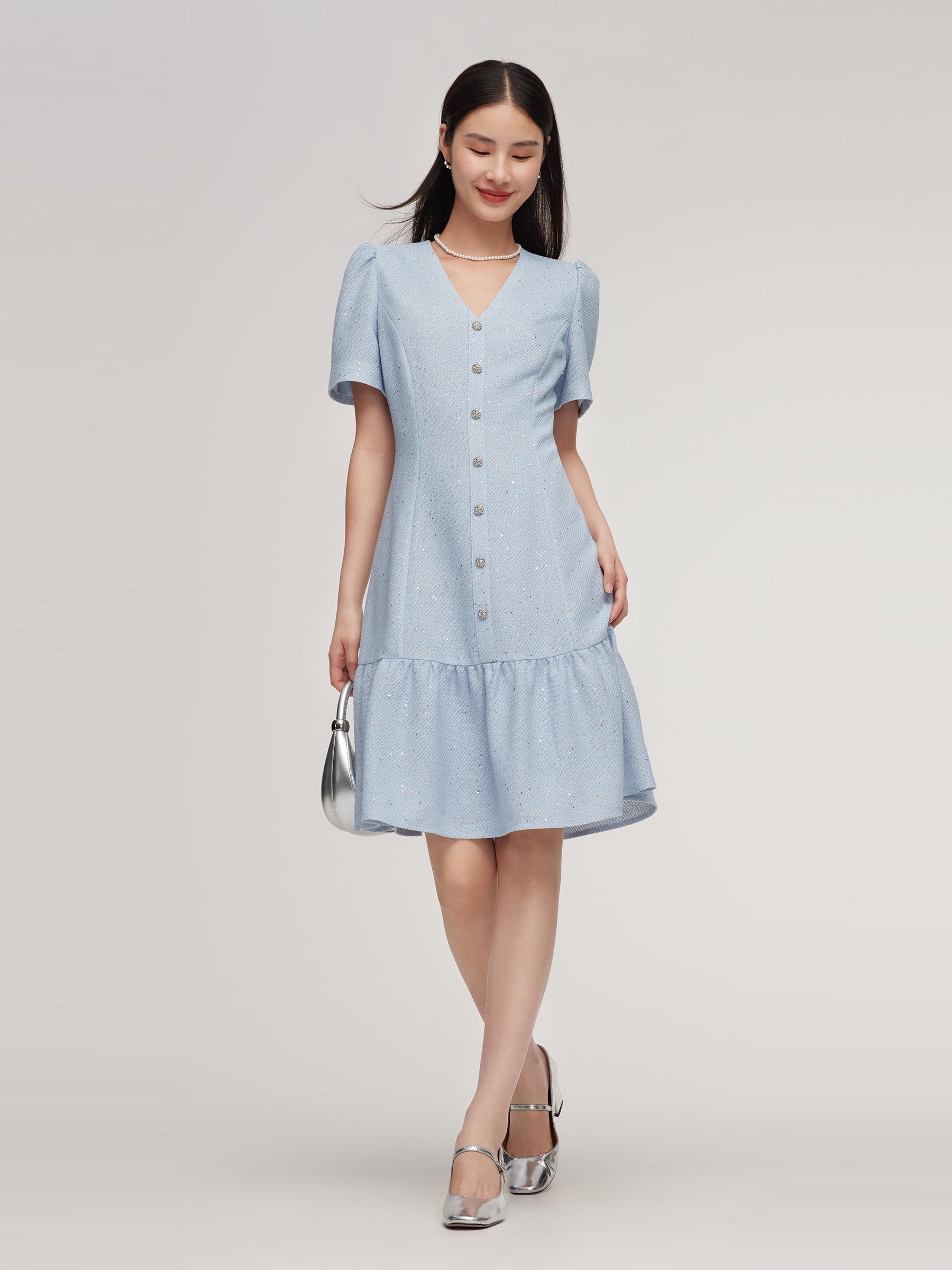 Acetate Blend Tweed Sequins Women Mini Dress GOELIA