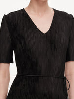 Satin Jacquard Women Pleated Maxi Dress With Self-Tie Belt GOELIA