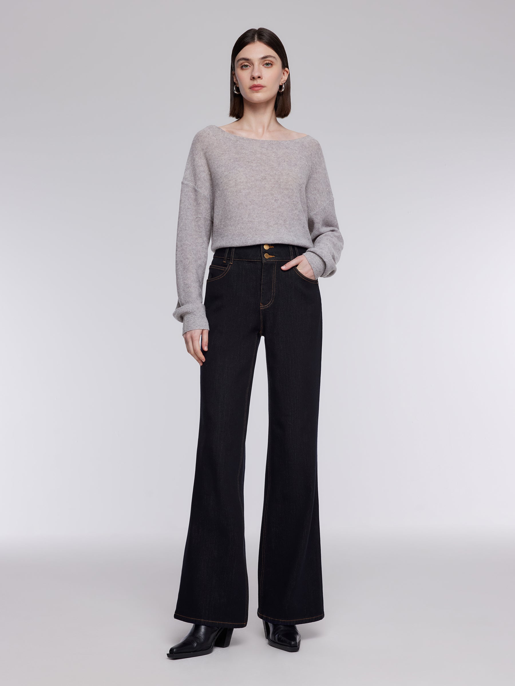 Denim Fleece Lined Women High-Waisted Flared Jeans GOELIA