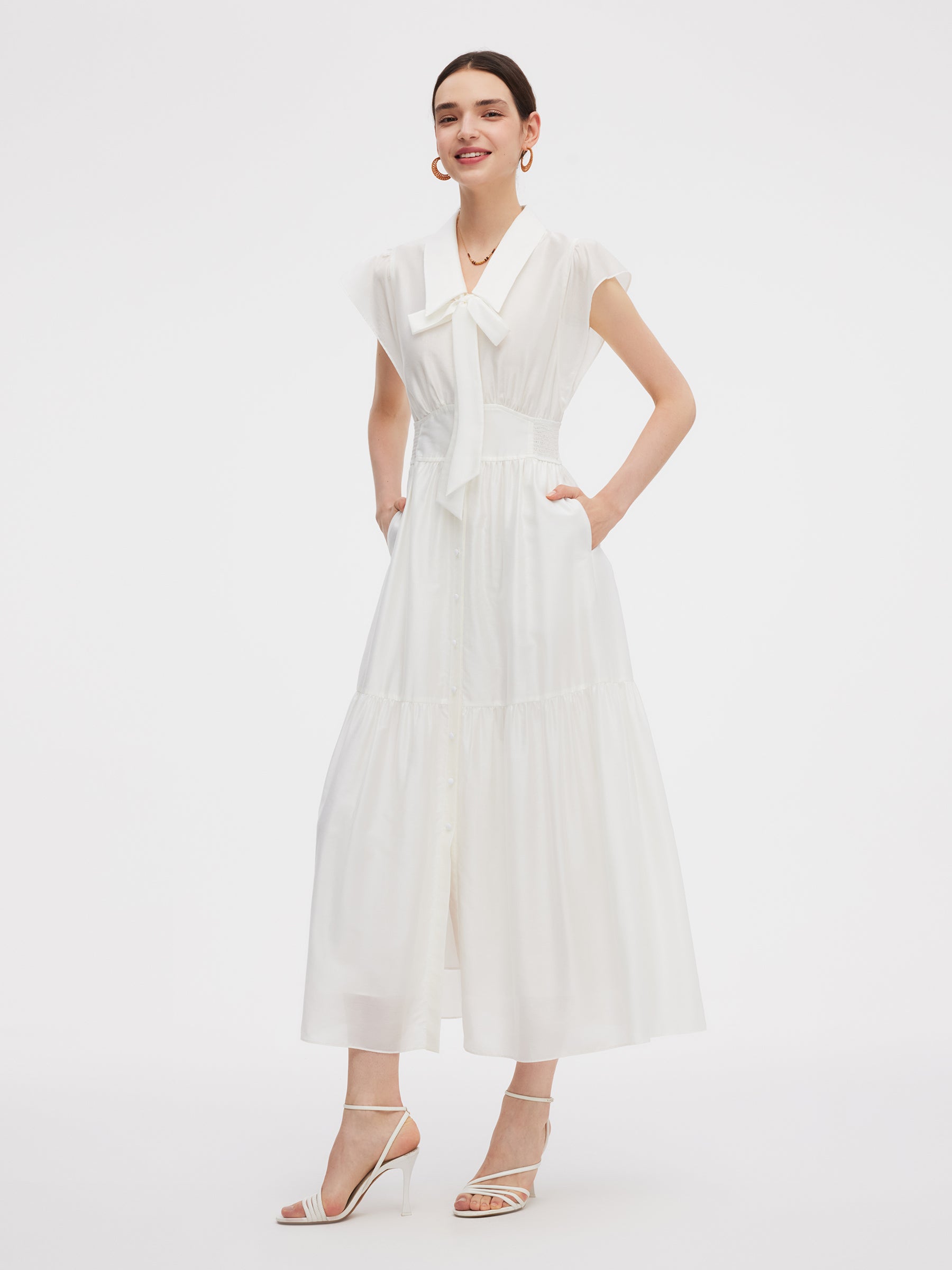 Tencel Blend Women Cap Sleeve Maxi Dress With Ribbon GOELIA