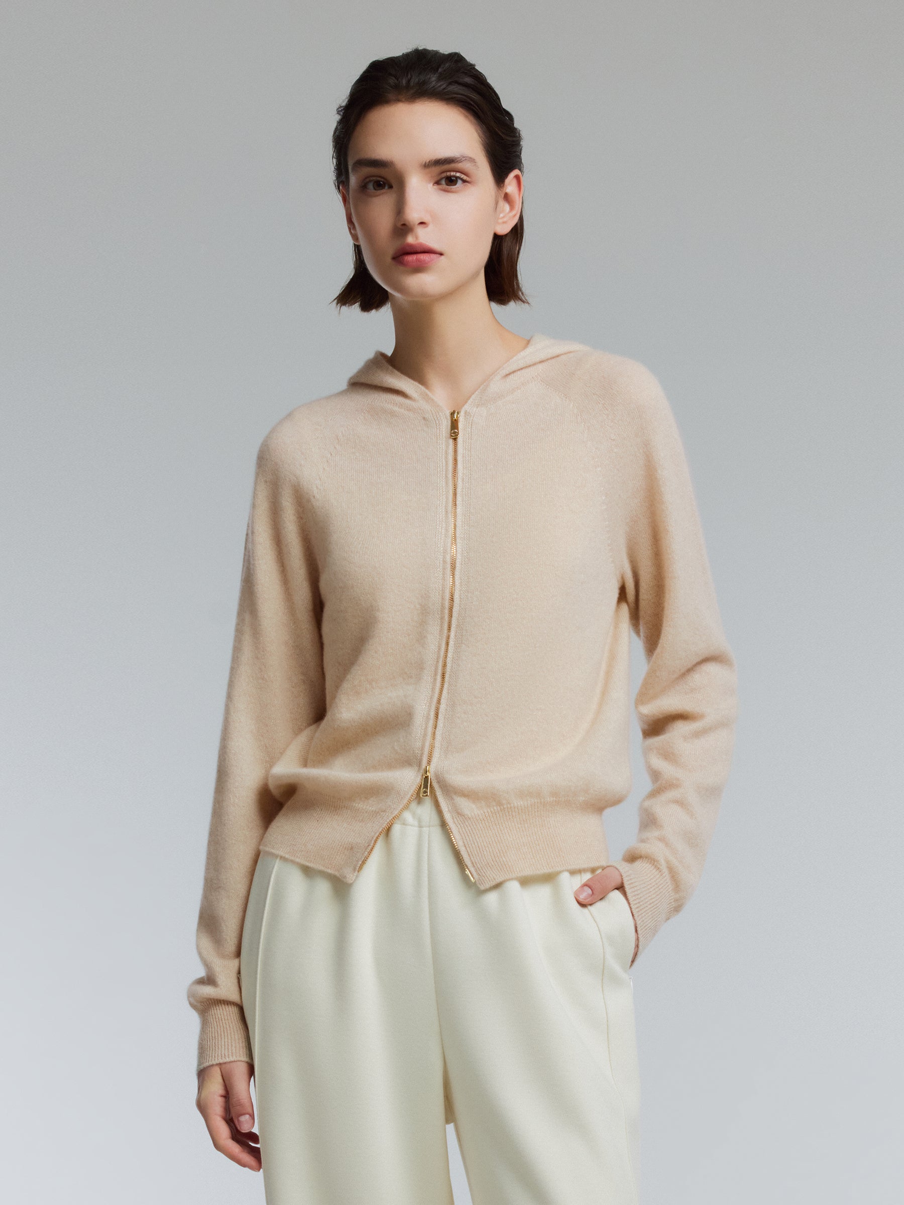 [Preview] 100% Cashmere Seamless Women Hooded Zip-Up Cardigan GOELIA