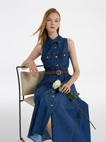 Denim Lapel Women Midi Vest Dress With Belt GOELIA