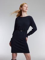 100% Wool Boat Neck Women Knit Mini Dress With Belt GOELIA
