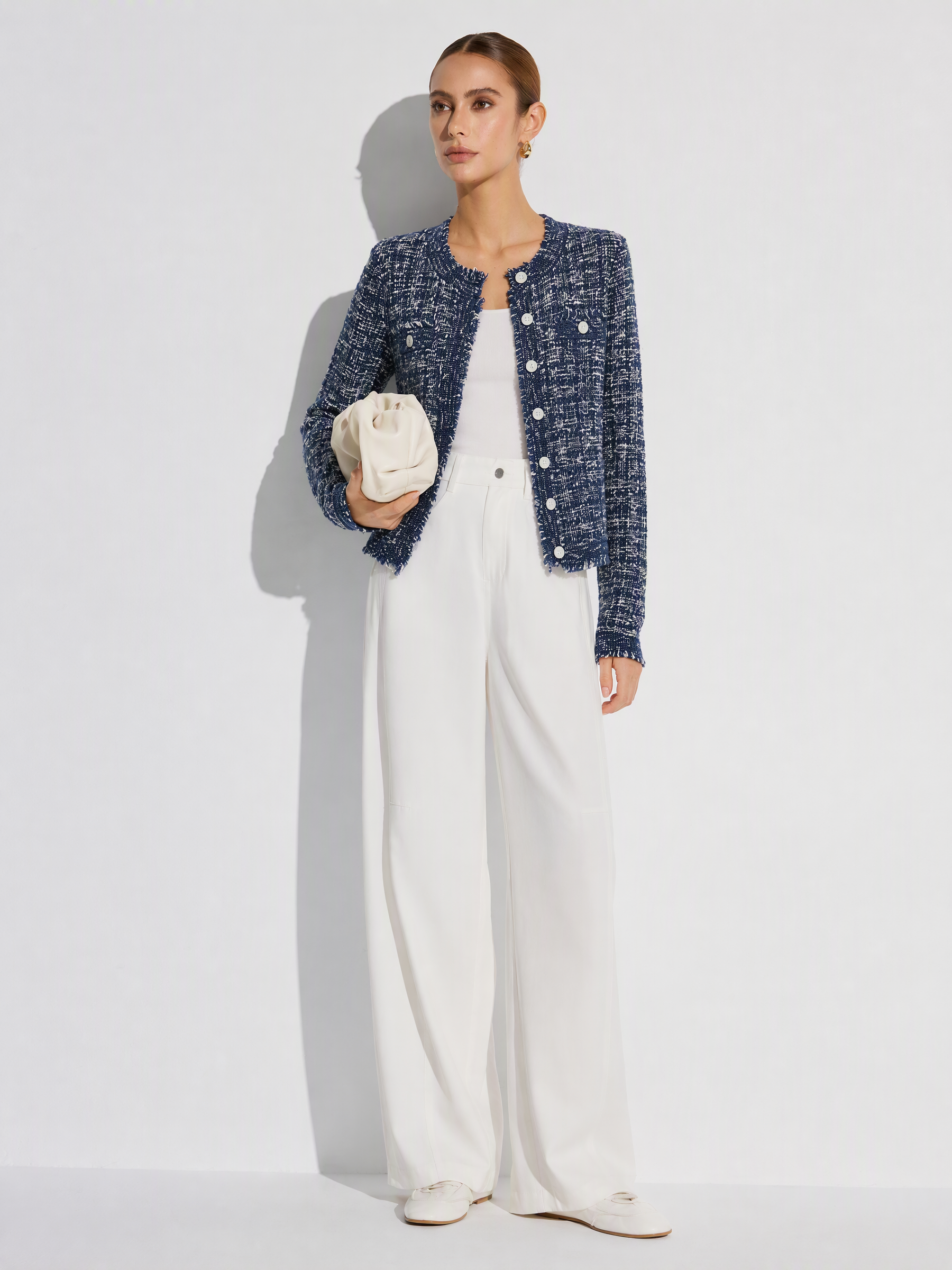 Wool Cotton Blend Frayed Trim Women Cardigan GOELIA