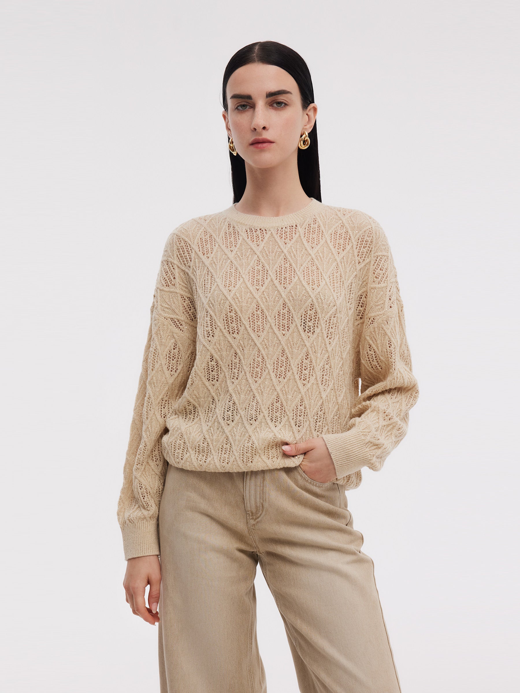 Wool Blend Sequins Women Openwork Sweater GOELIA