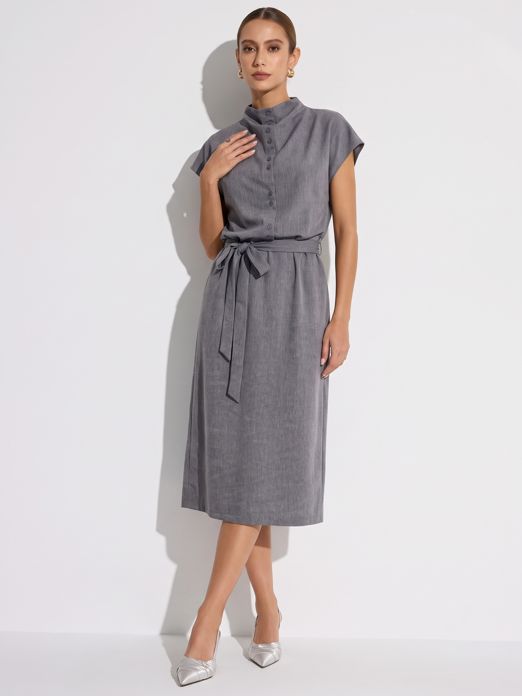 Lyocell Linen Blend Cowl Neck Women Belted Maxi Dress GOELIA