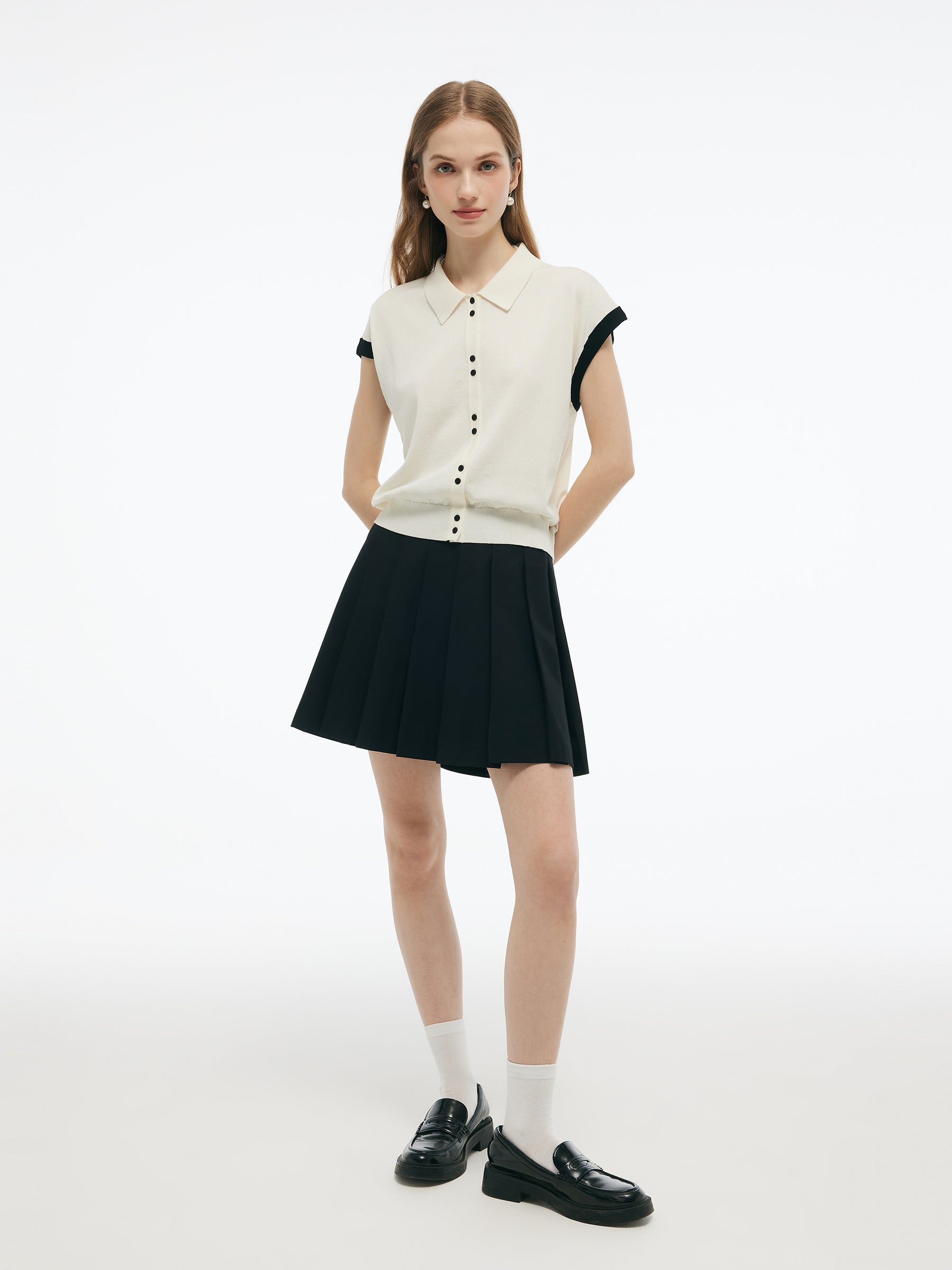 Tencel Blend Color Block Women Polo Short Sleeve Cardigan GOELIA