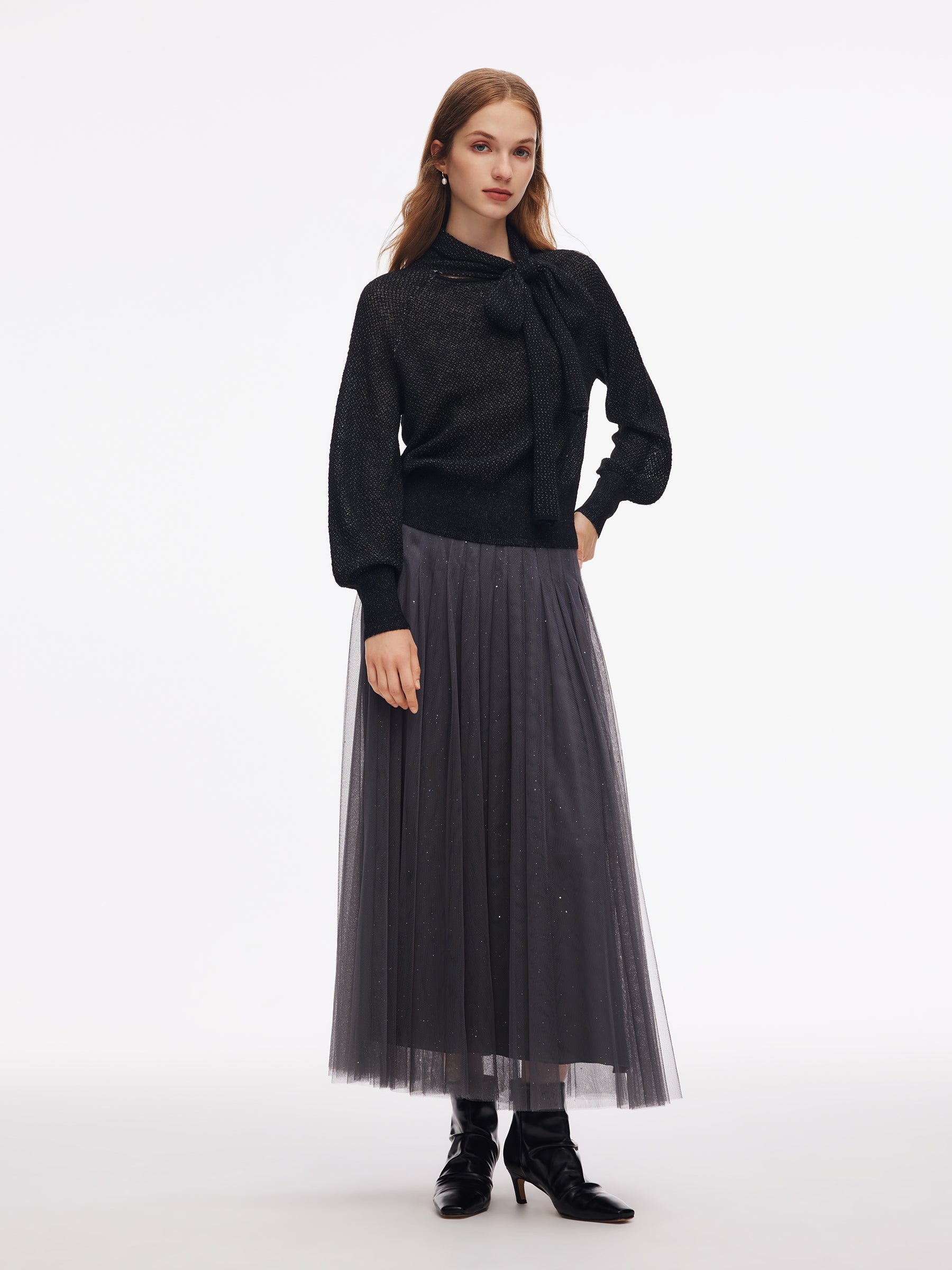 Tie Front Balloon Sleeve Women Knit Top GOELIA