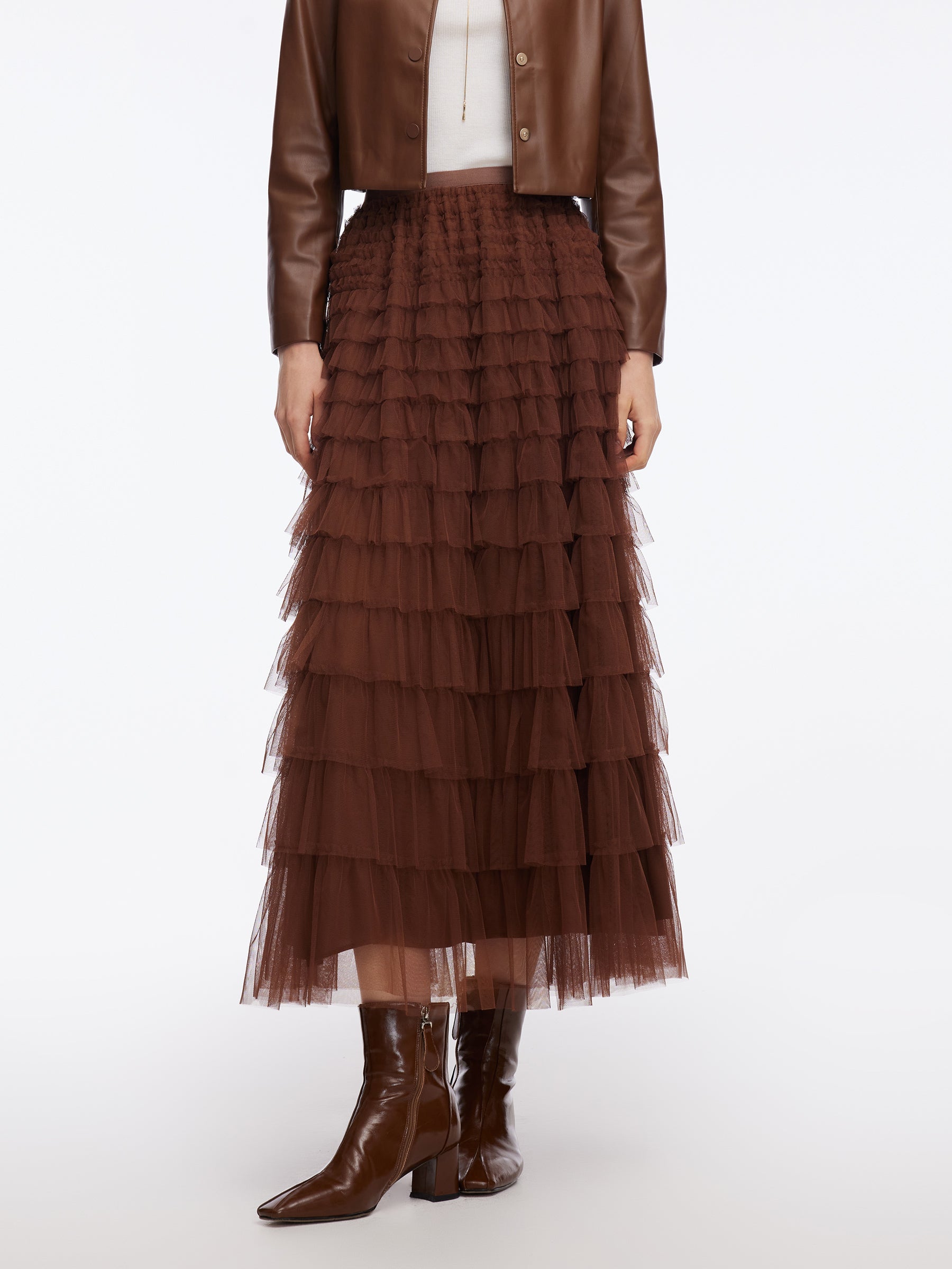 A-Line Mesh Ruffle Tiered Women Skirt GOELIA