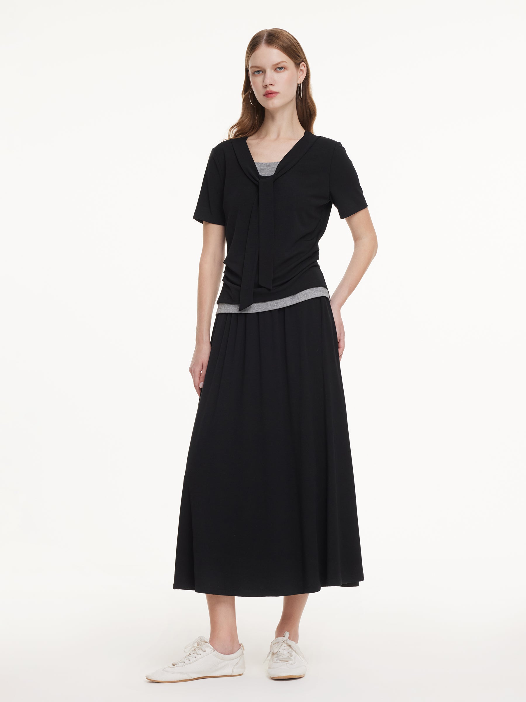 Modal Tie Front Stretch Knit Top And Skirt Two-Piece Set GOELIA