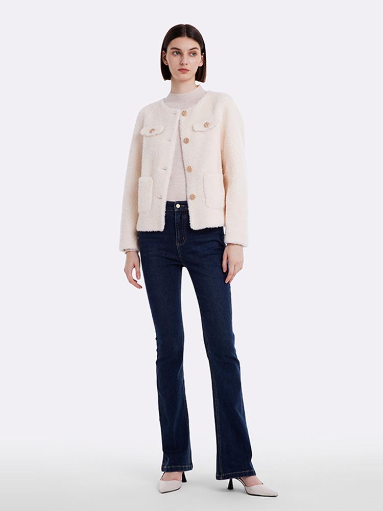 Lamb Wool Round Neck Crop Women Coat GOELIA