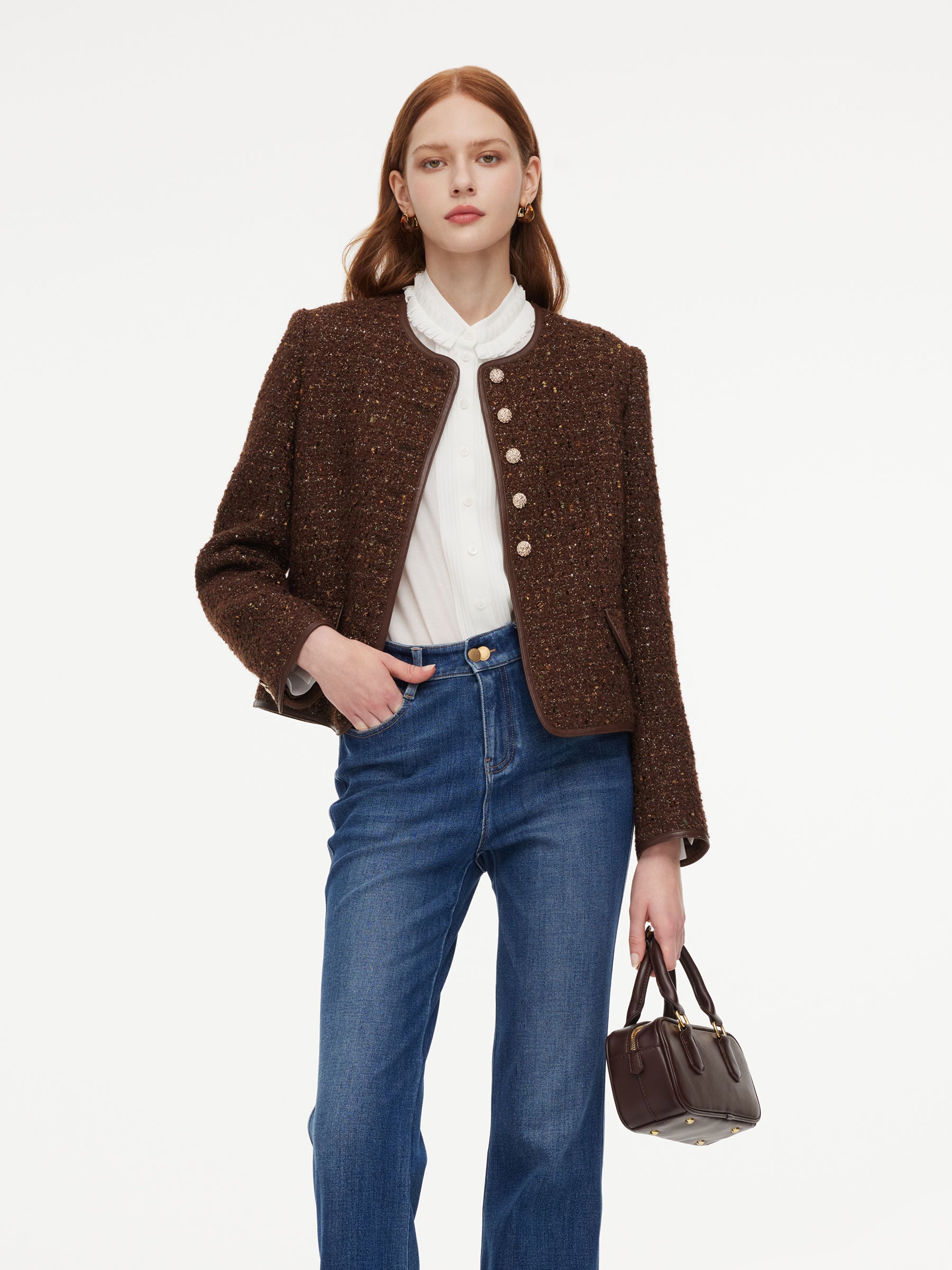 Wool Blend Tweed Sequins Women Jacket GOELIA