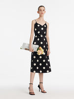 Acetate Polka Dots Printed Spaghetti Strap Women Midi Dress With Rose Belt GOELIA