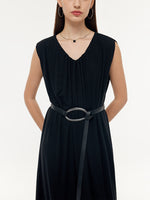 Tencel Knit Women Sleeveless Midi Dress With Leather Belt GOELIA