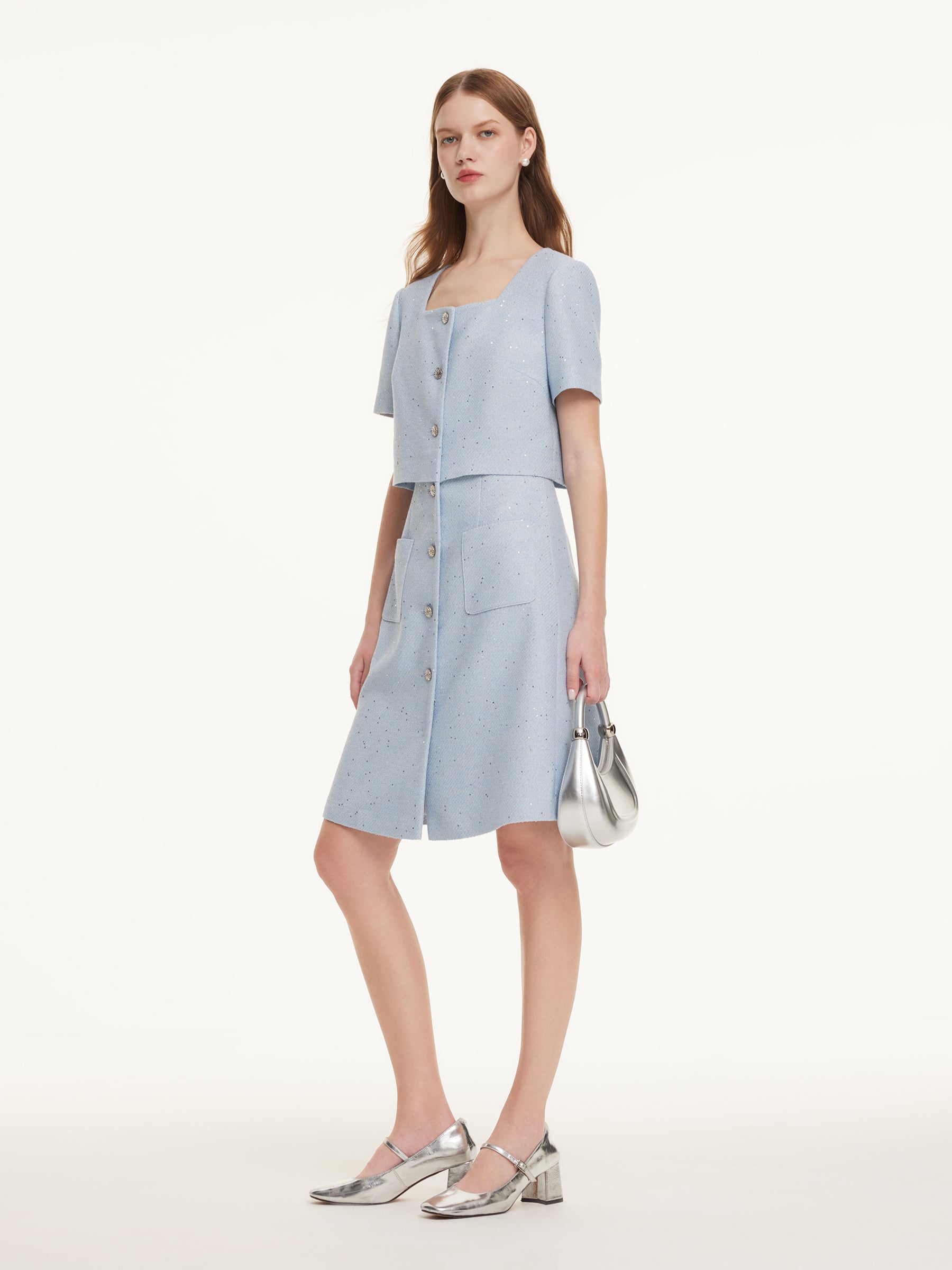 Acetate Blend Tweed Sequins Square Neck Women Mini Dress GOELIA