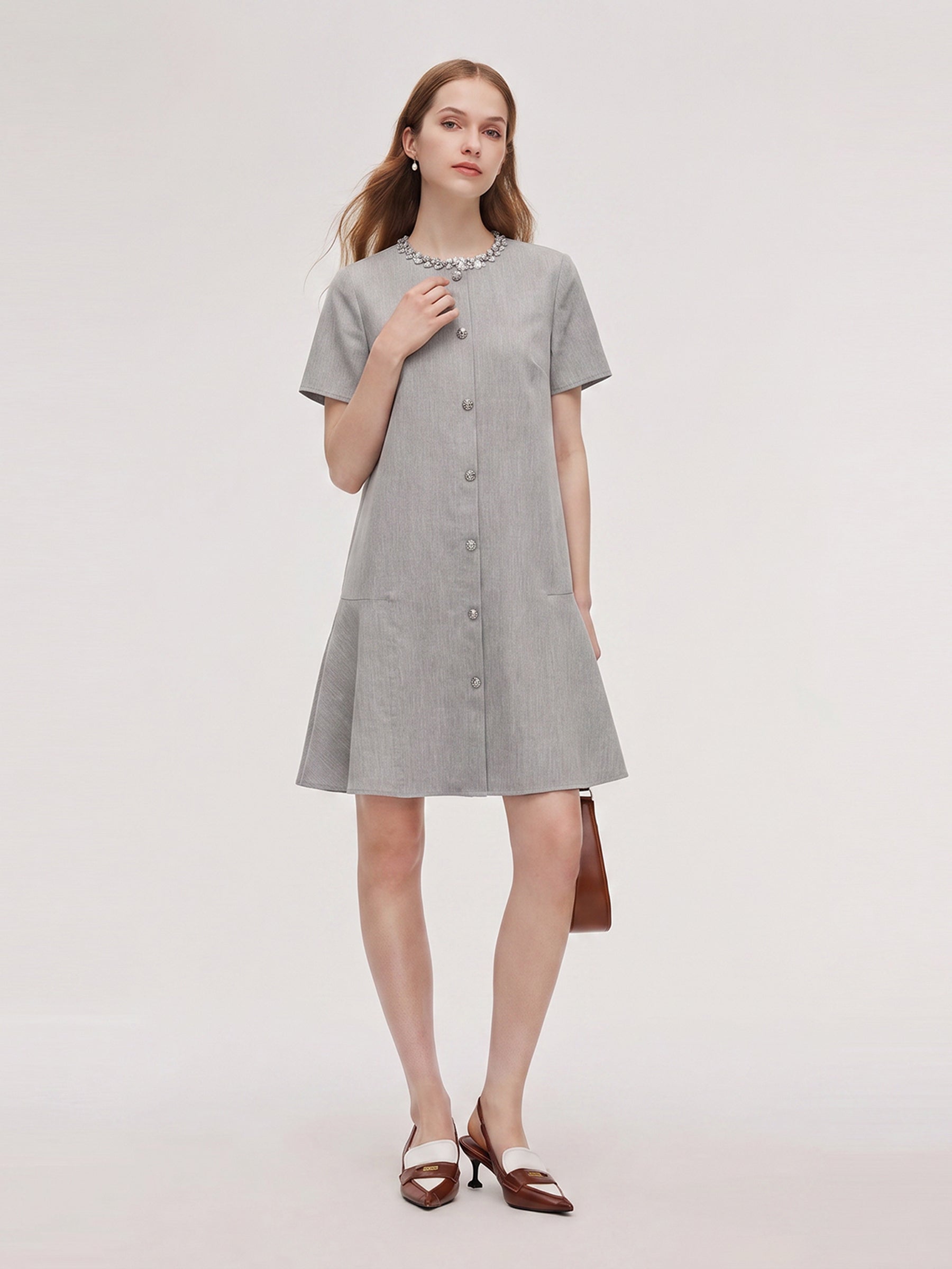 Tencel Linen Blend Sequined Round Neck Women Mini Dress GOELIA