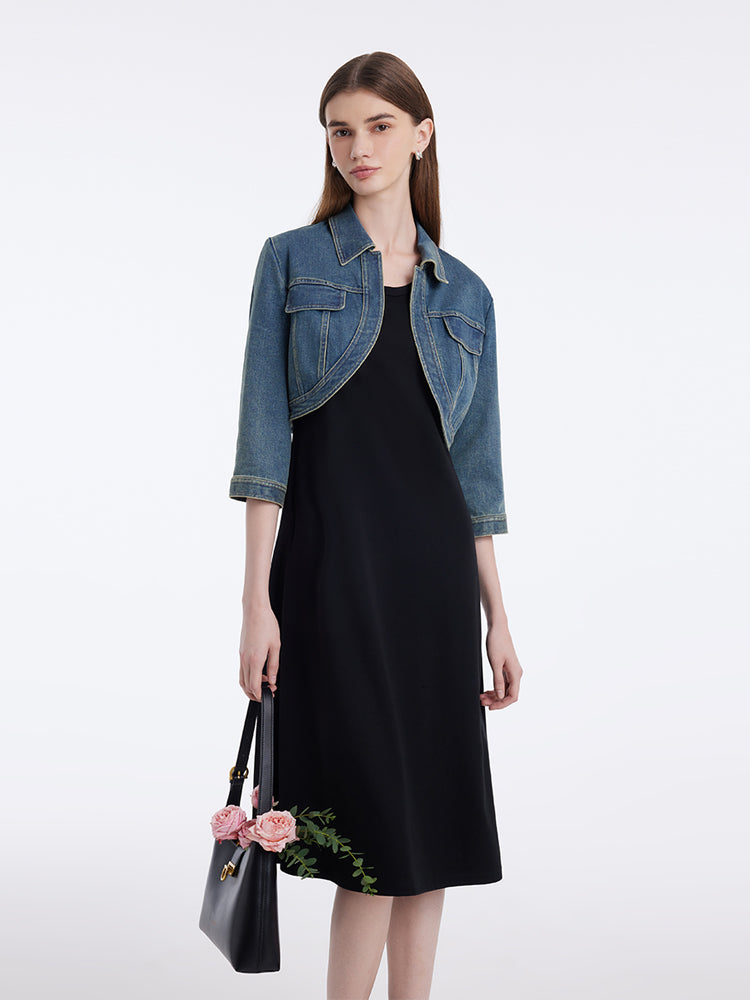 Denim Crop Jacket And Knitted Vest Dress Two-Piece Set GOELIA