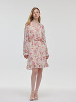 10 Momme Mulberry Silk Iris Printed Ruffle Women Mini Dress GOELIA