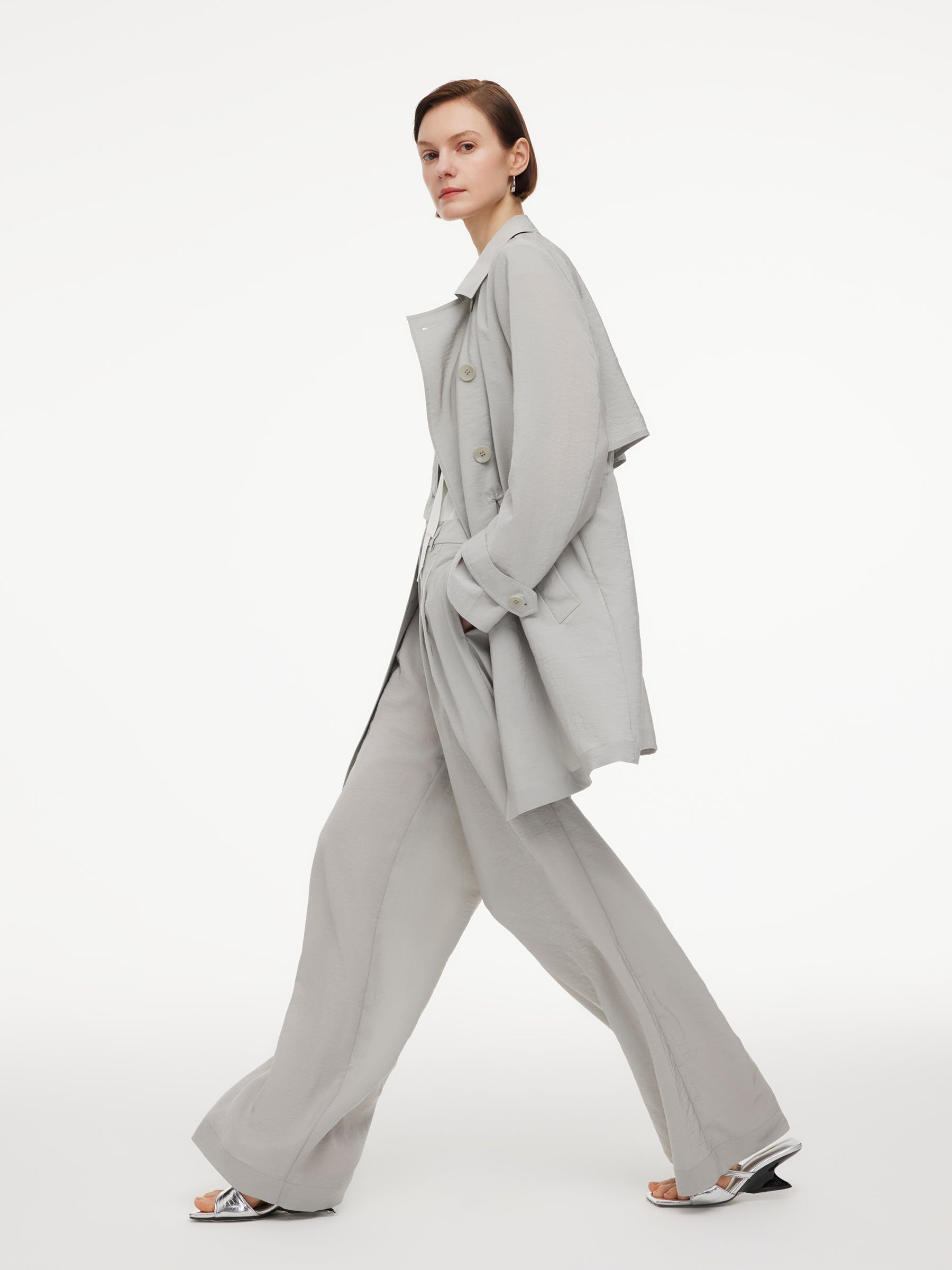 Triacetate Blend Drawstring Waist Women Trench Coat GOELIA