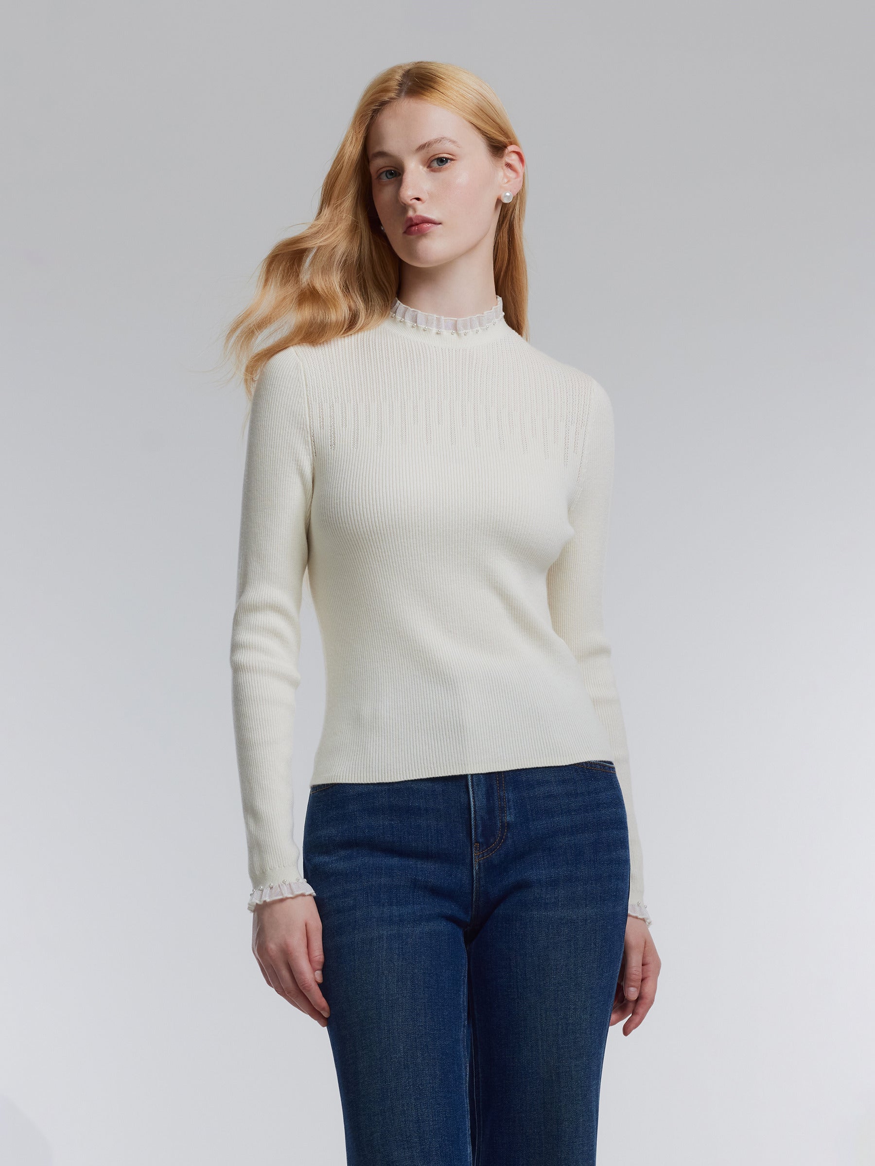 [Preview] Lyocell Wool Blend Beaded Ruffle Neck Women Knit Top GOELIA