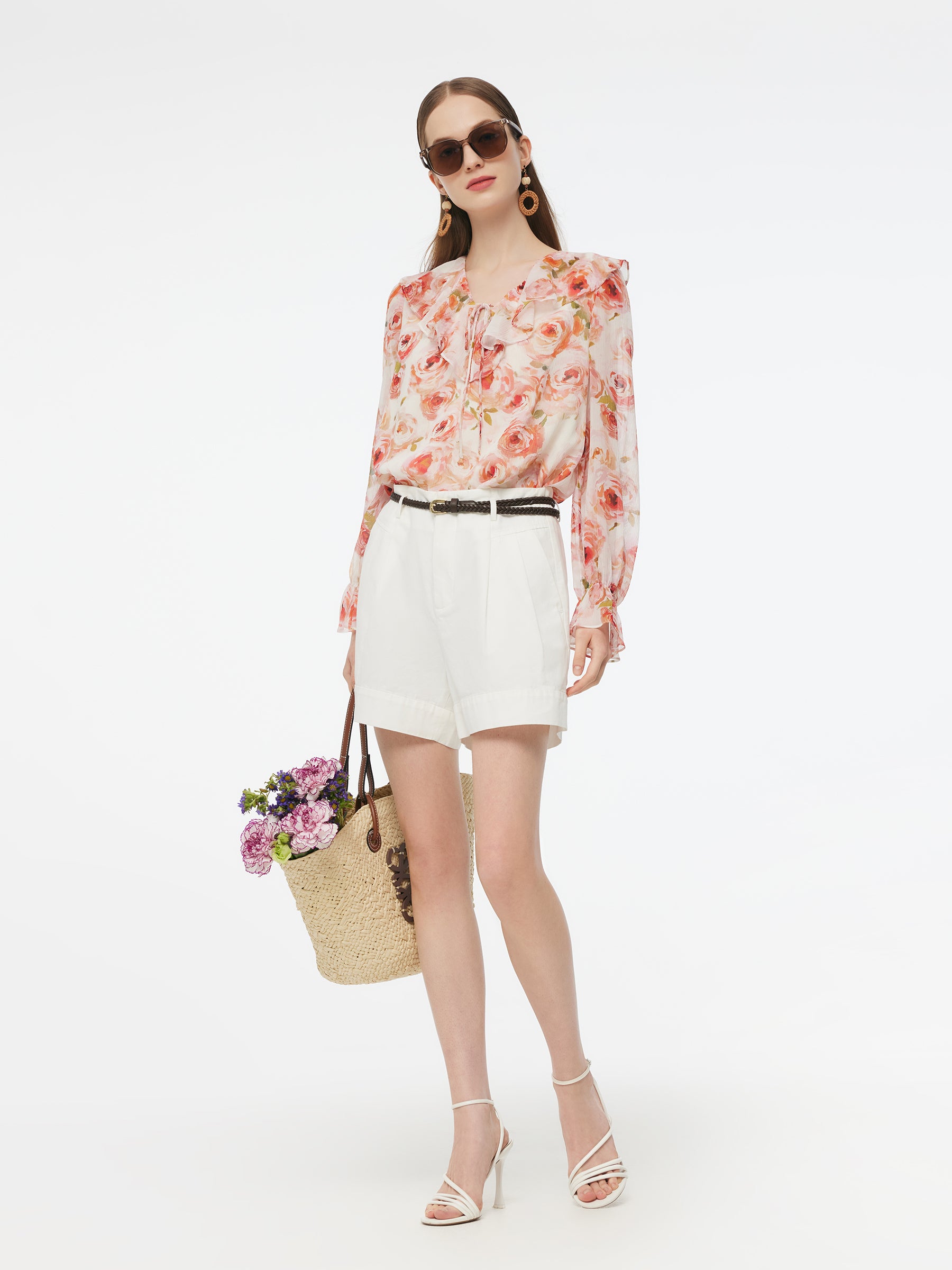 10MM Mulberry Silk Rose Print Tie Front Women Blouse GOELIA