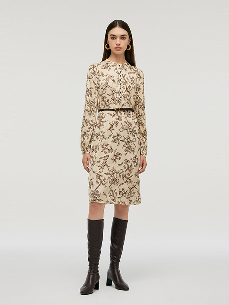 19 Momme Mulberry Silk Round Neck Printed Women Midi Dress With Belt GOELIA