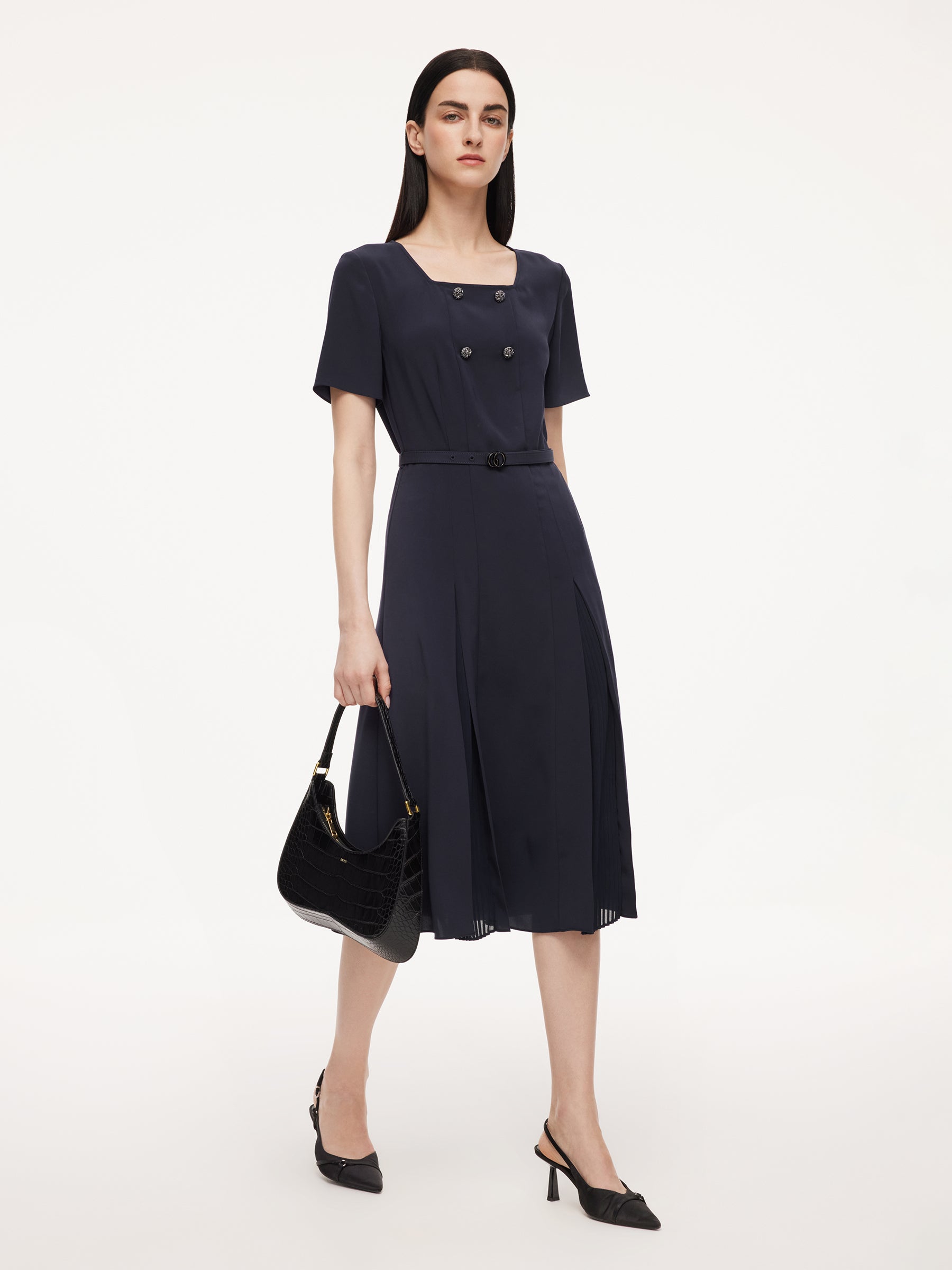 Triacetate Blend Square Neck Women Midi Dress With Belt GOELIA