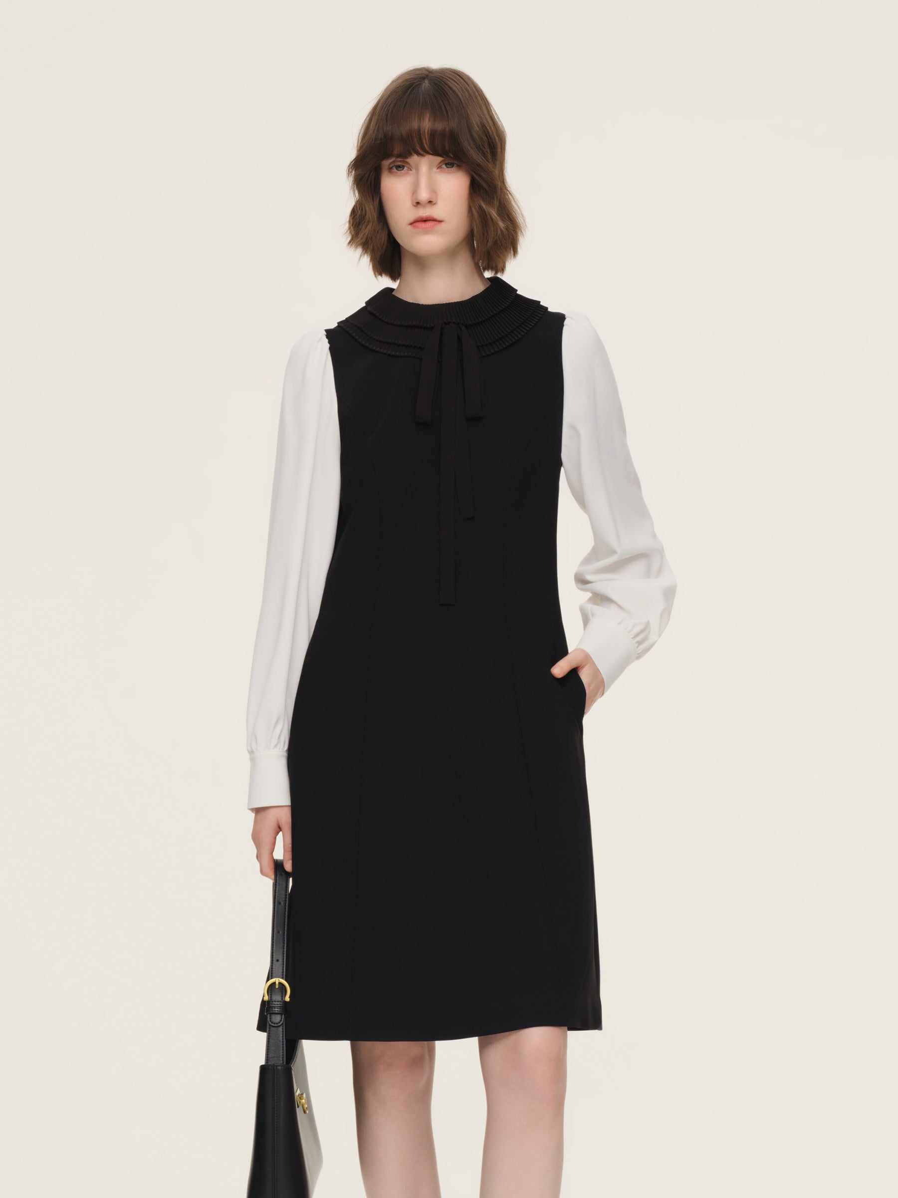 Worsted Wool Blend Ruffle Collar Women Mini Dress With Detachable Ribbon GOELIA