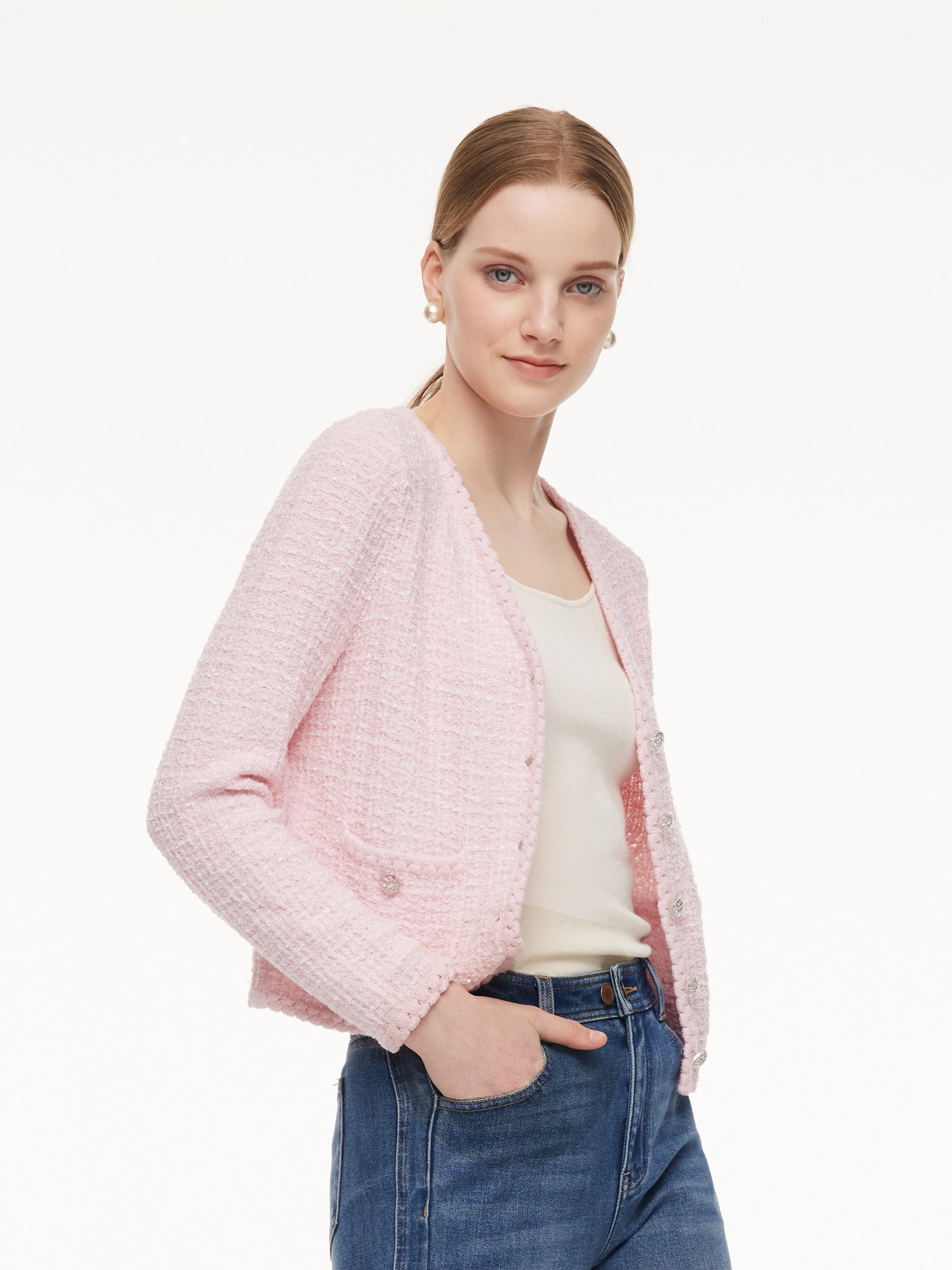 V-Neck Single-Breasted Women Textured Cardigan GOELIA