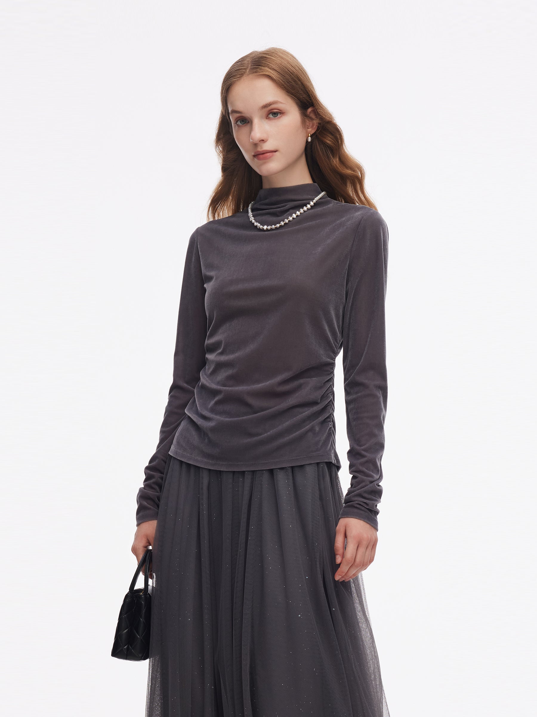 Velvet Stretch Women Mock Neck Top GOELIA