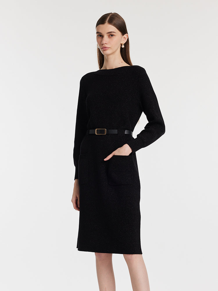 Slash Neck Knitted Women Midi Dress With Belt GOELIA