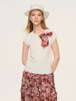Cap Sleeve Knit Top And Marigold Floral Print Tiered Skirt Two-Piece Set With Silky Scarf GOELIA