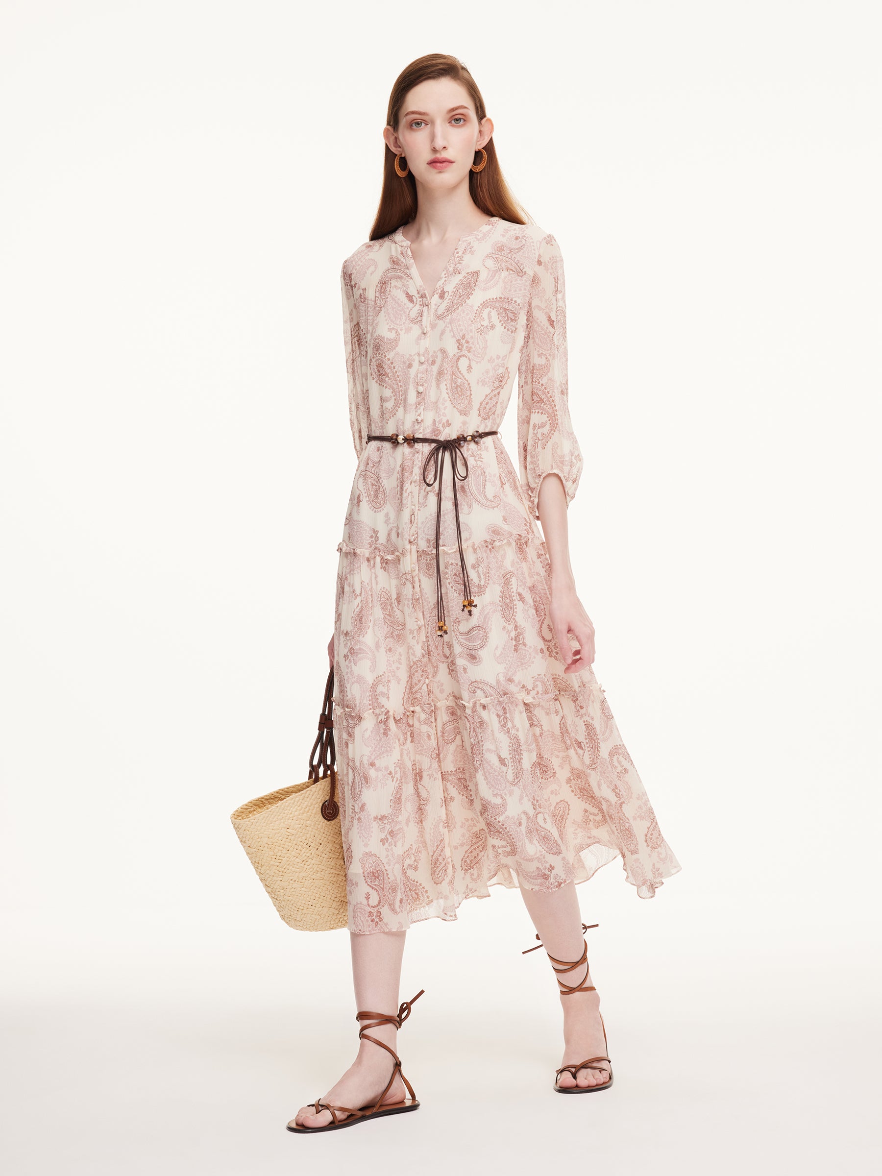 10MM Mulberry Silk Paisley Print Women Maxi Dress With Two Self-Tie Belts GOELIA
