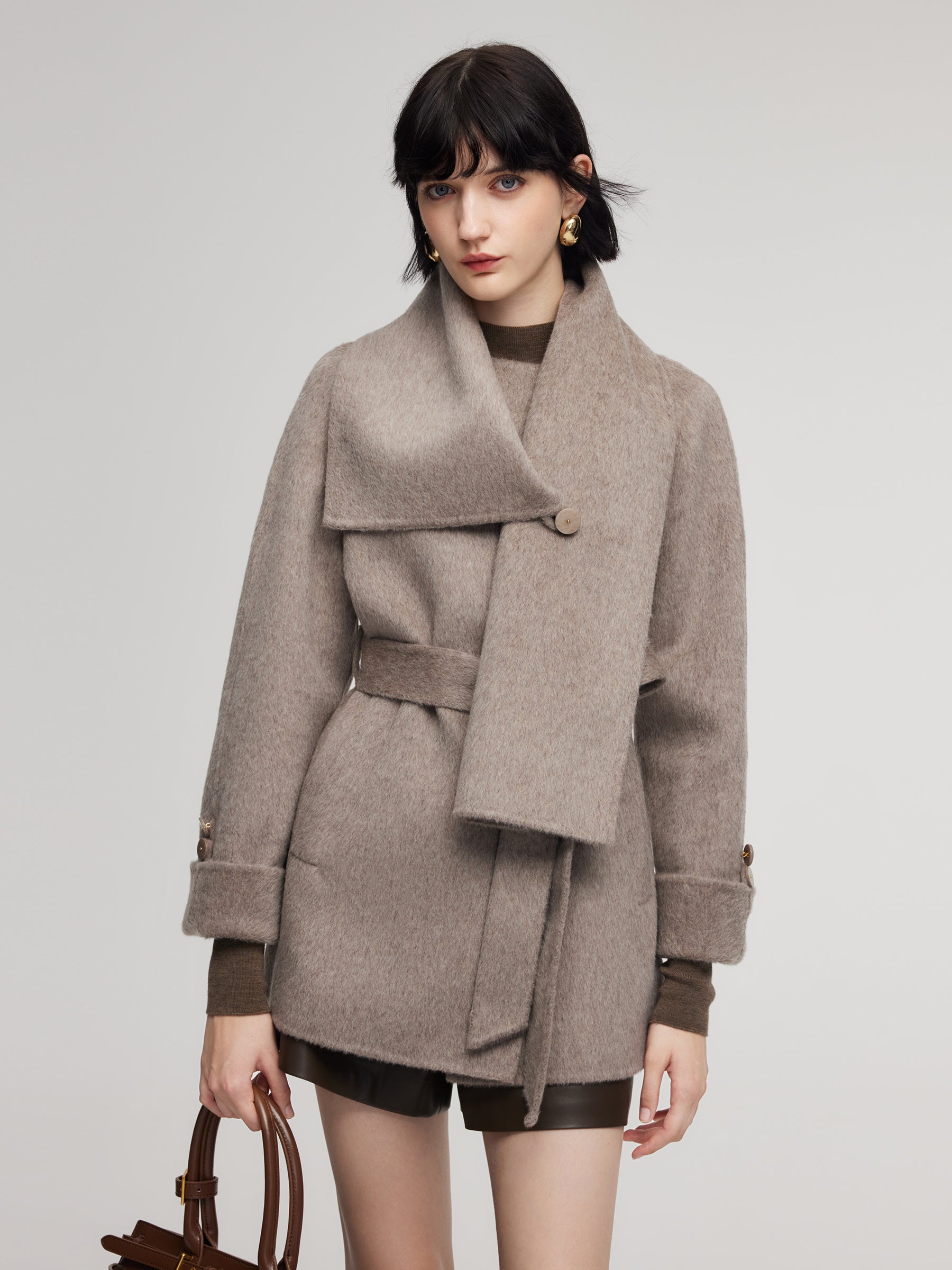 Alpaca Wool Blend Double-Faced Women Wrap Coat With Scarf GOELIA