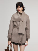 Alpaca Wool Blend Double-Faced Women Wrap Coat With Scarf GOELIA