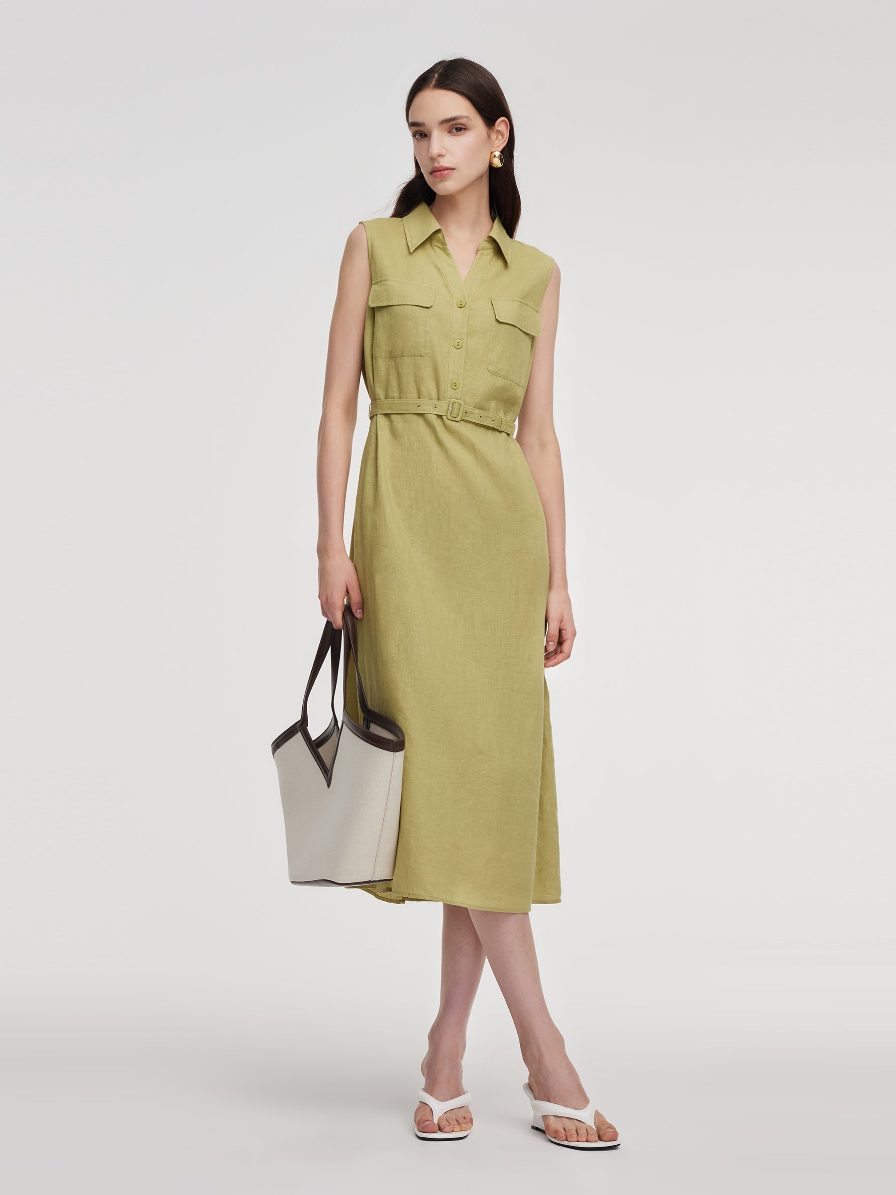 100% Linen Sleeveless Women Maxi Shirt Dress With Belt GOELIA
