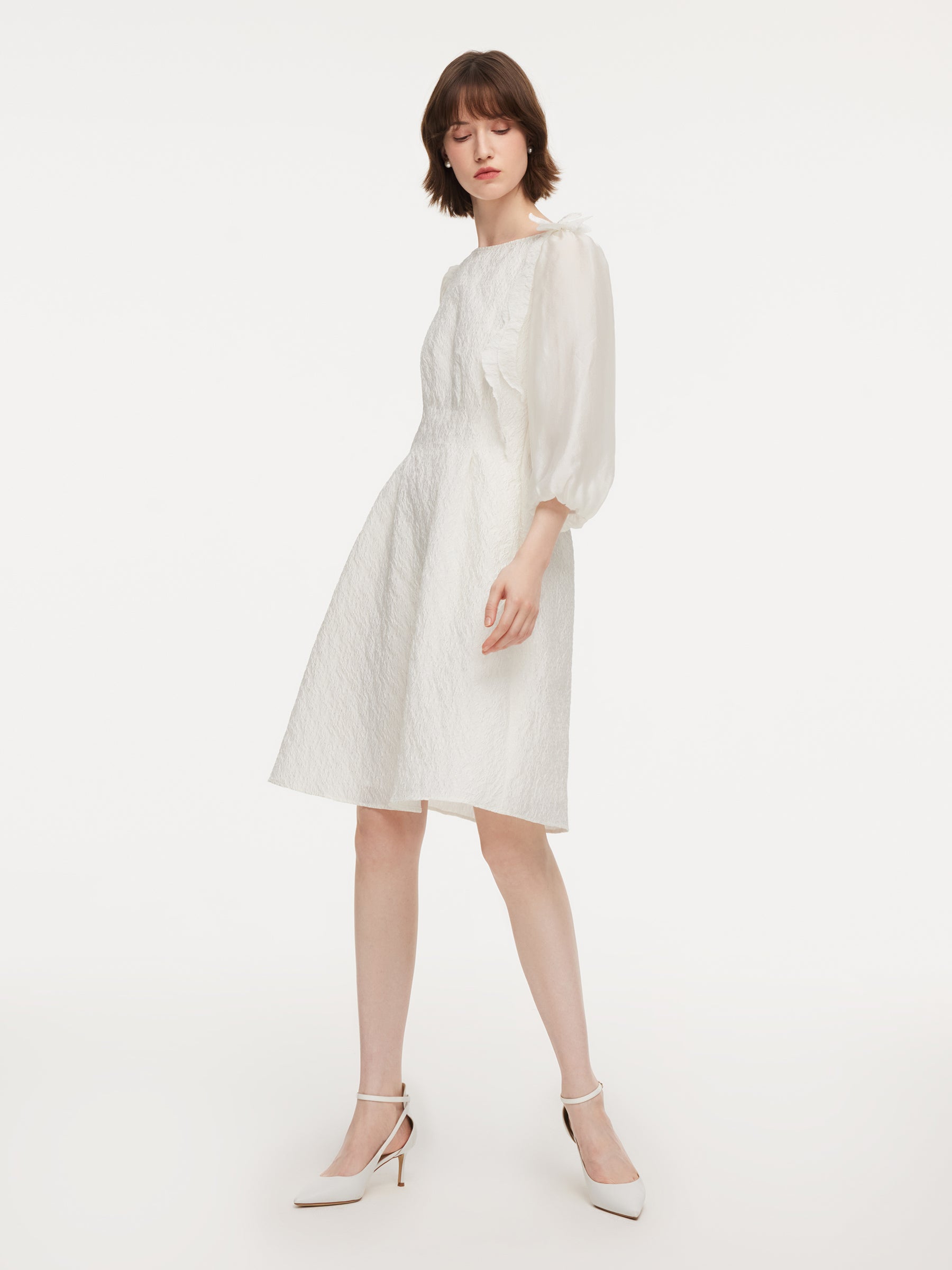 boat neck white dress midi Jacquard Boat Neck Women Midi Dress With Detachable Flower, White / M