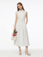 100% Linen Women Maxi Shirt Dress With Belt And Slip Lining GOELIA