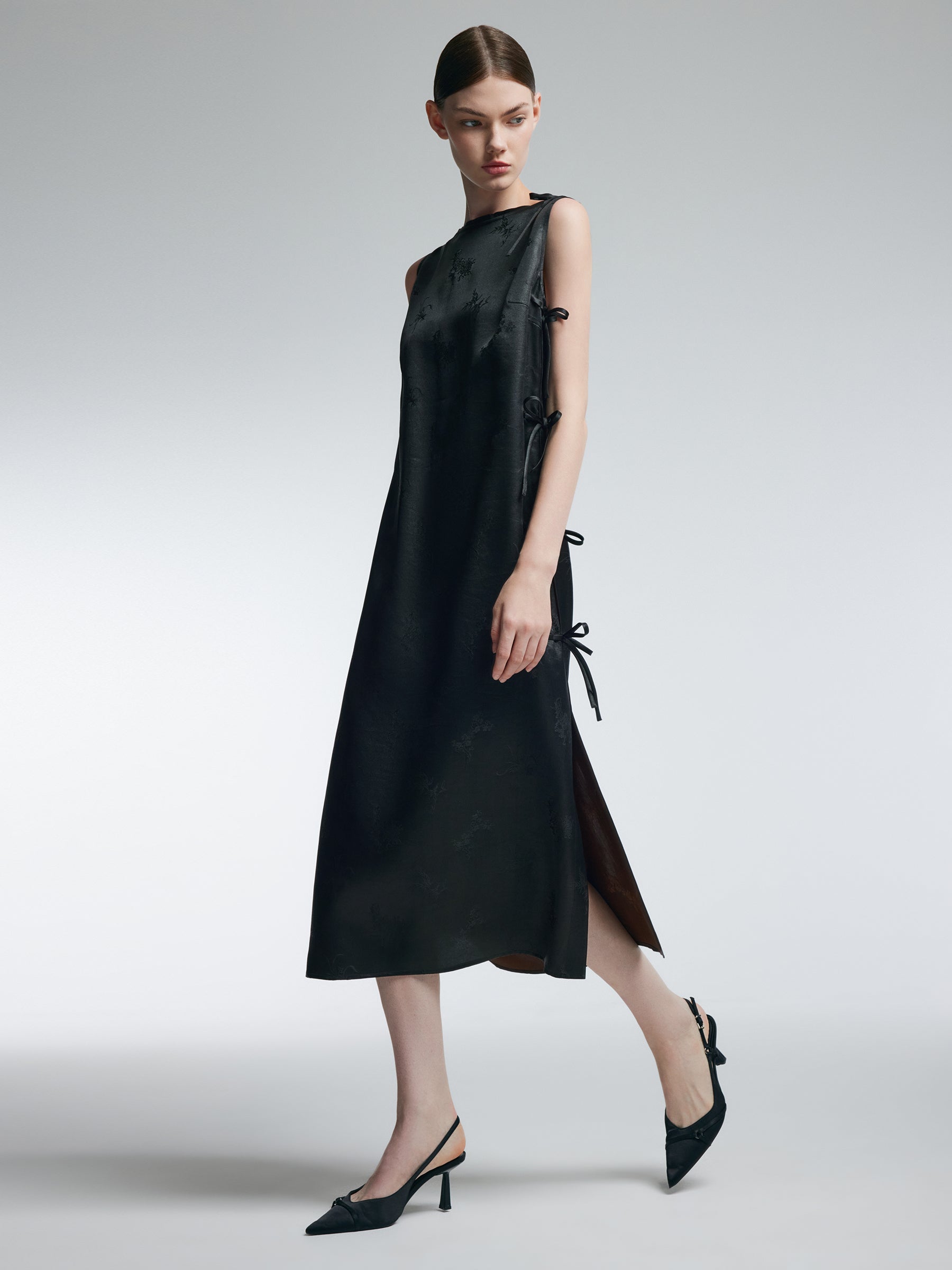 19MM Gambiered Canton Gauze Women Jacquard Sleeveless Maxi Dress GOELIA