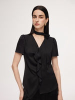 [Preview] 22MM Mulberry Silk Asymmetrical Hem Women Blouse With Ribbon GOELIA