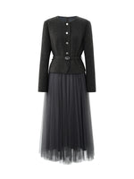Washable Merino Wool Patchwork Women Maxi Dress With Belt GOELIA