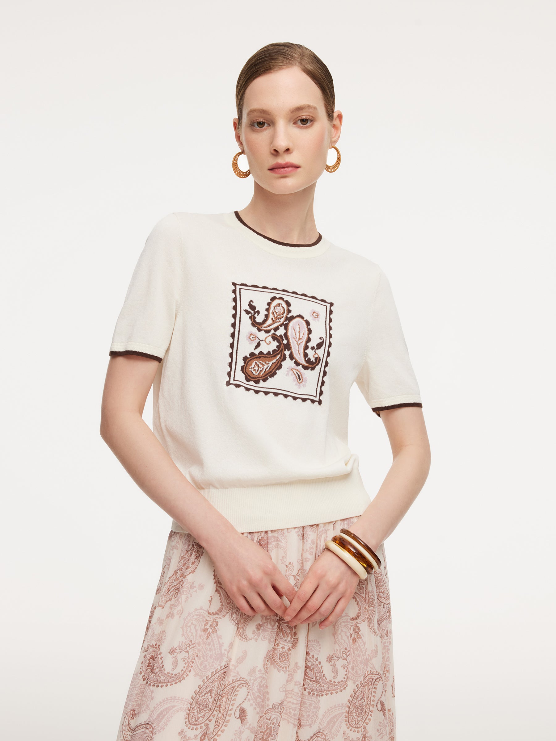 Lyocell Blend Contrast Trim Women Knit Top GOELIA