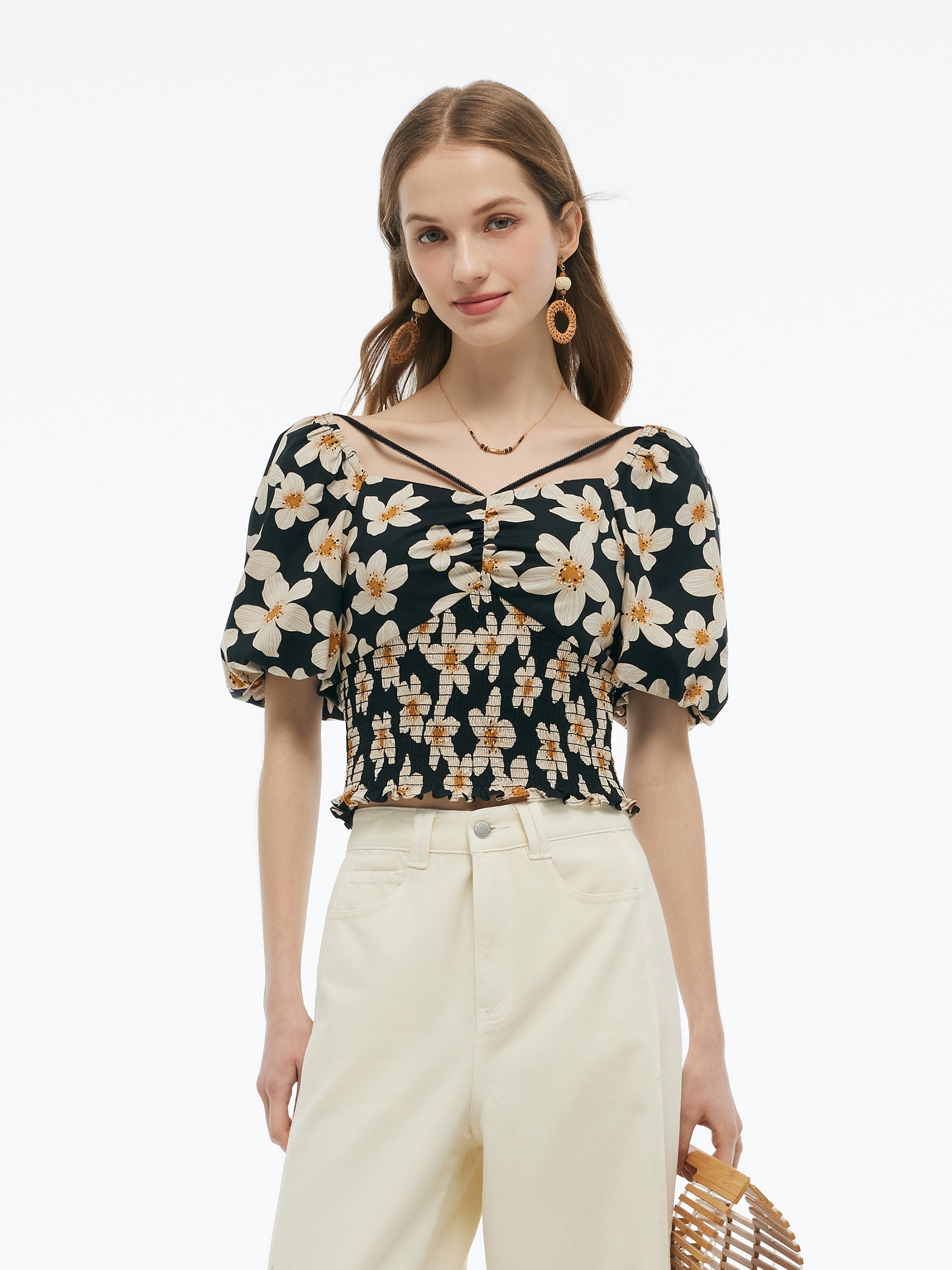 Cotton Stretch Floral Print Women Smocked Top GOELIA