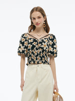 Cotton Stretch Floral Print Women Smocked Top GOELIA