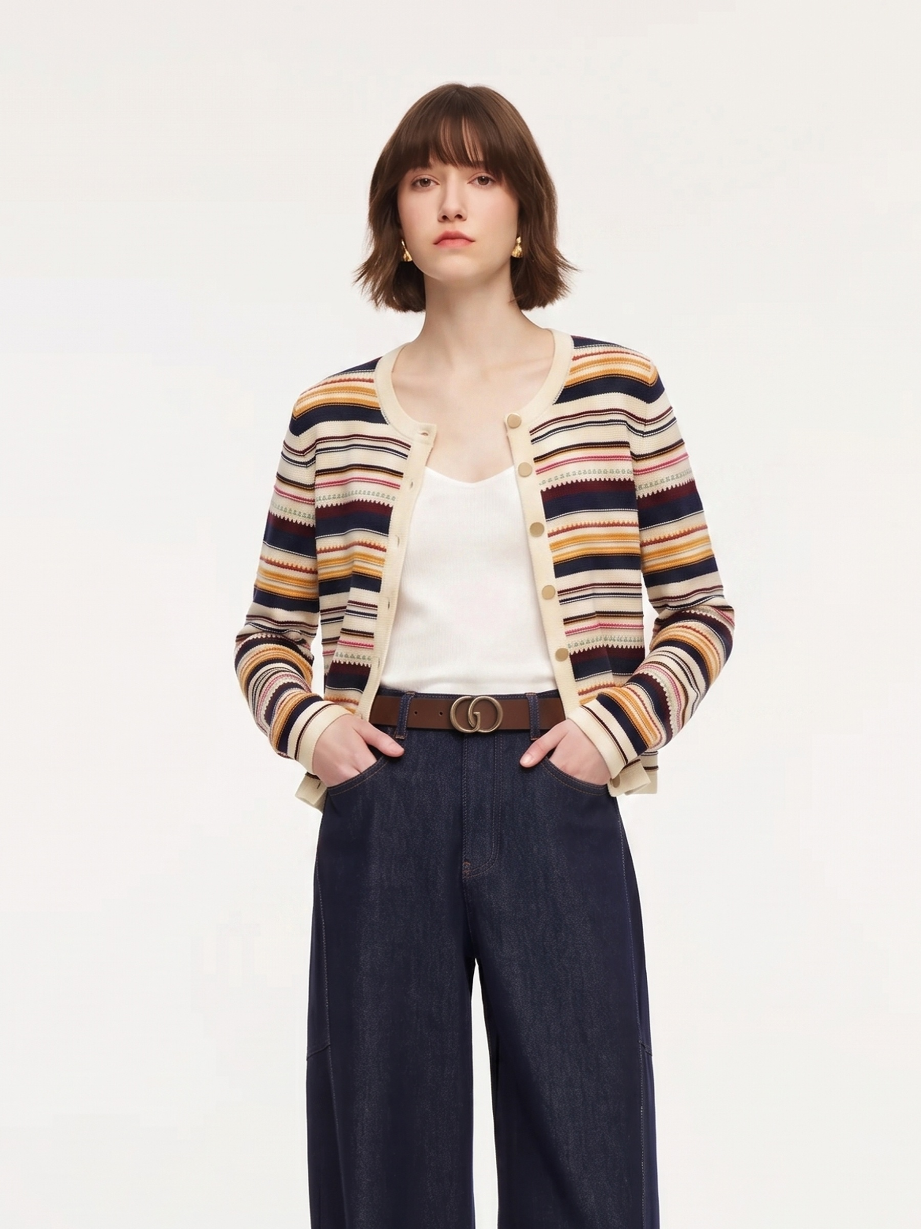 100% Cotton Multicolored Stripe Women Cardigan GOELIA