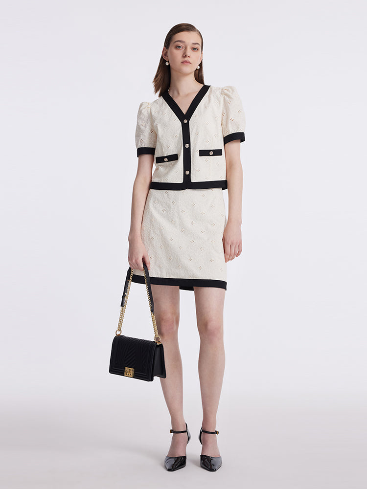 Contrast Trim Embroidered Top And Skirt Two-Piece Set GOELIA