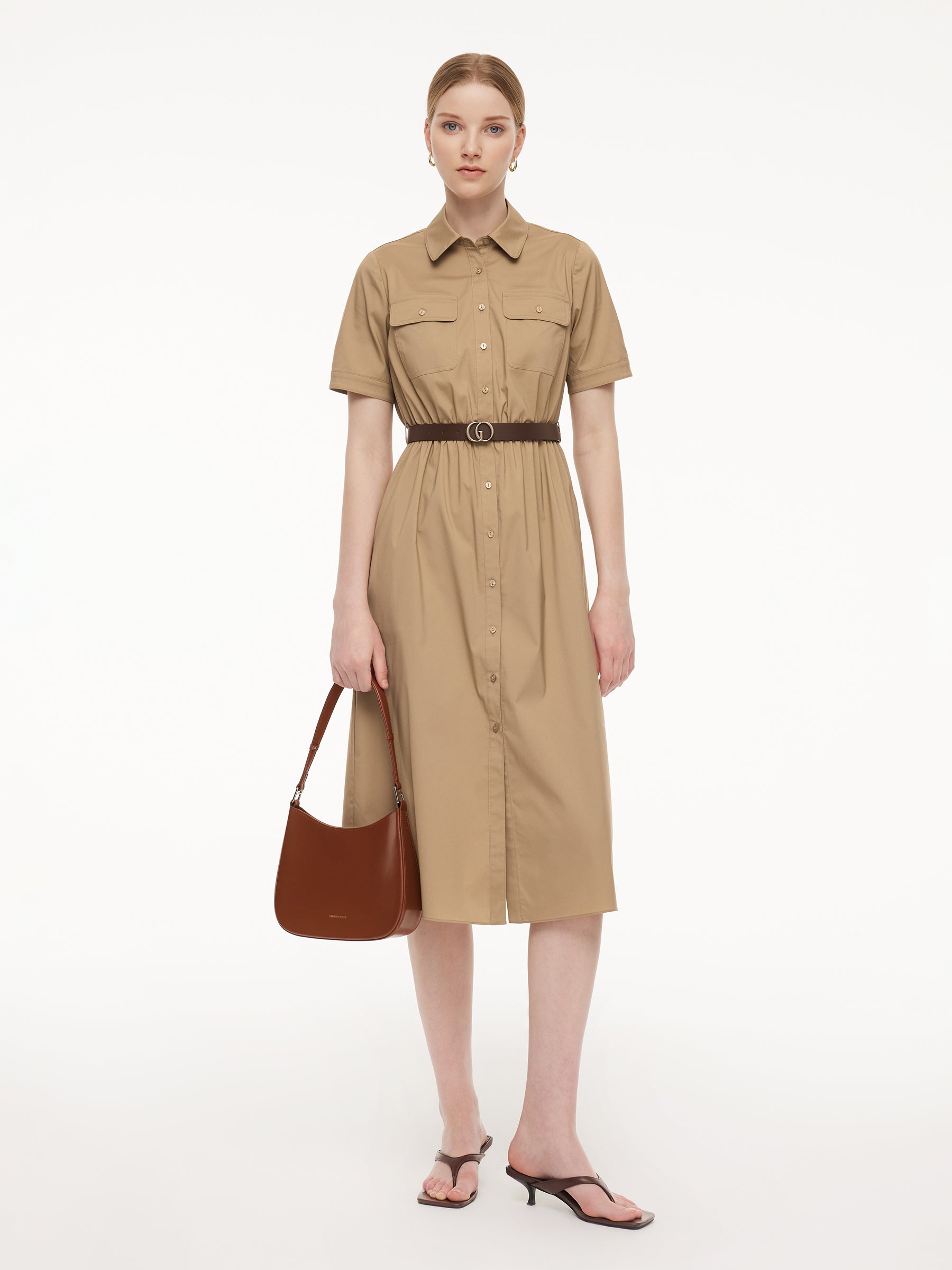 Cotton Blend Women Midi Shirt Dress With Leather Belt GOELIA