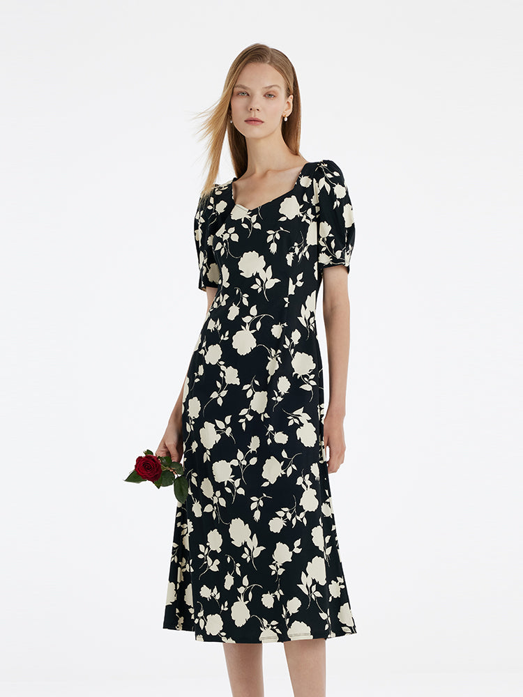 Rose Printed Square Neck Women Midi Dress GOELIA