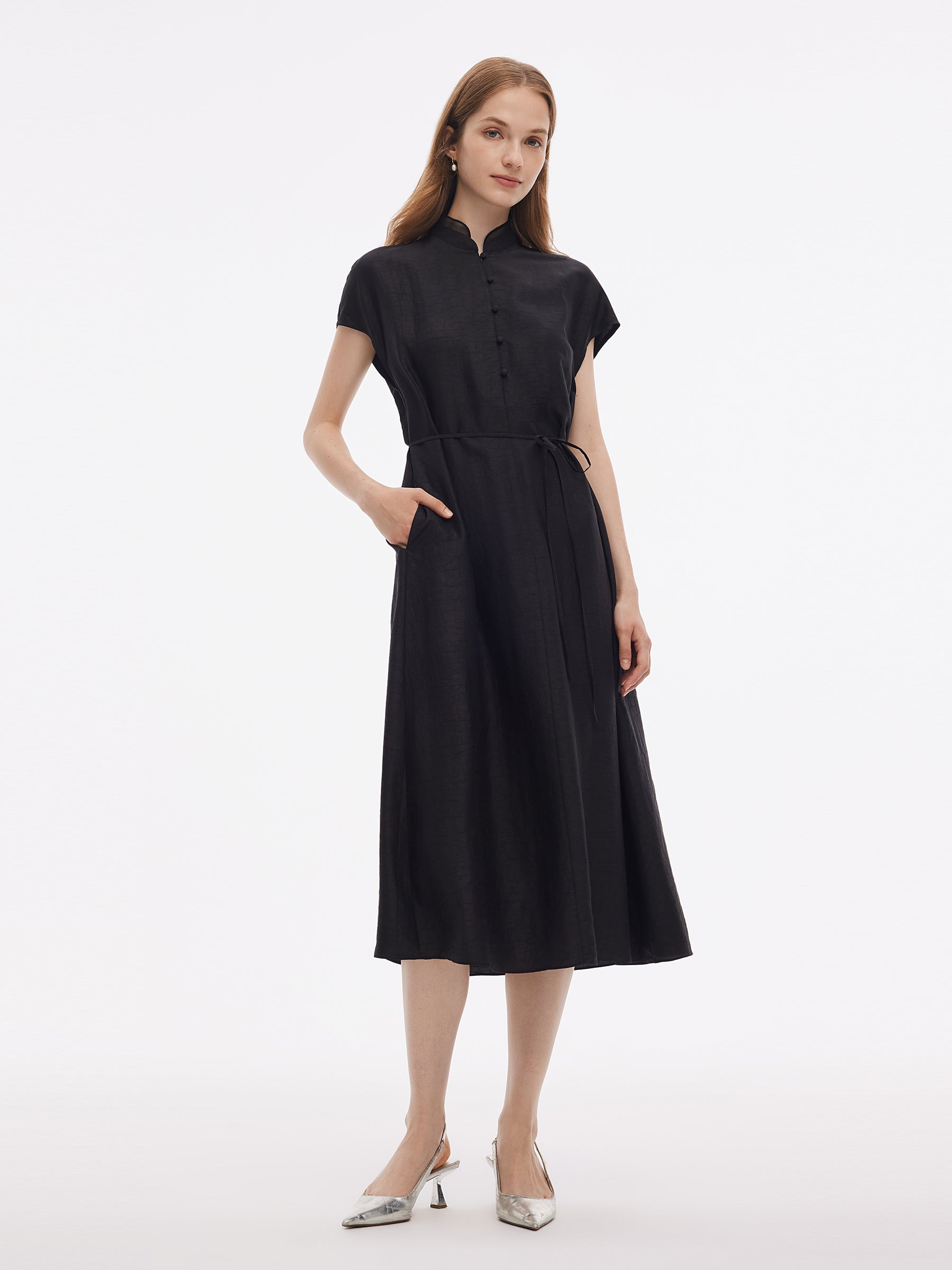 18MM Xiang Yun Silk A-Line Women Self-Tie Belt Midi Dress GOELIA